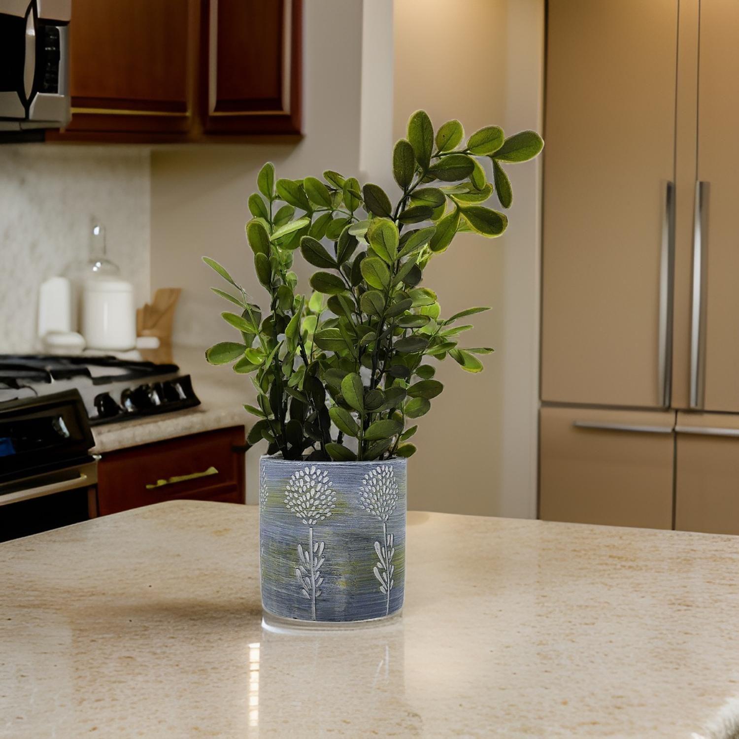 Planta Artificial Tropical Macetero Ceramica Azul Blanco-2