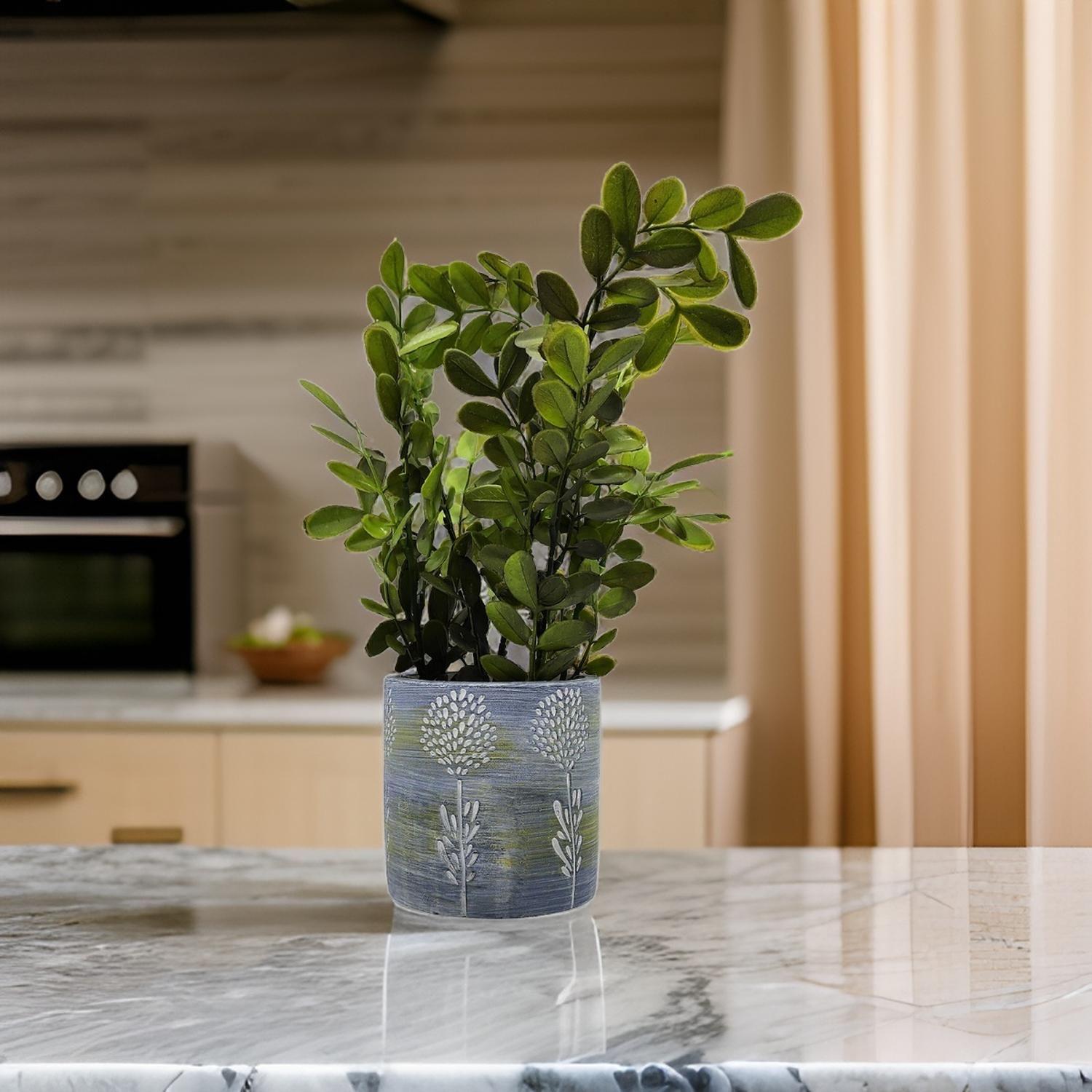 Planta Artificial Tropical Macetero Ceramica Azul Blanco-3