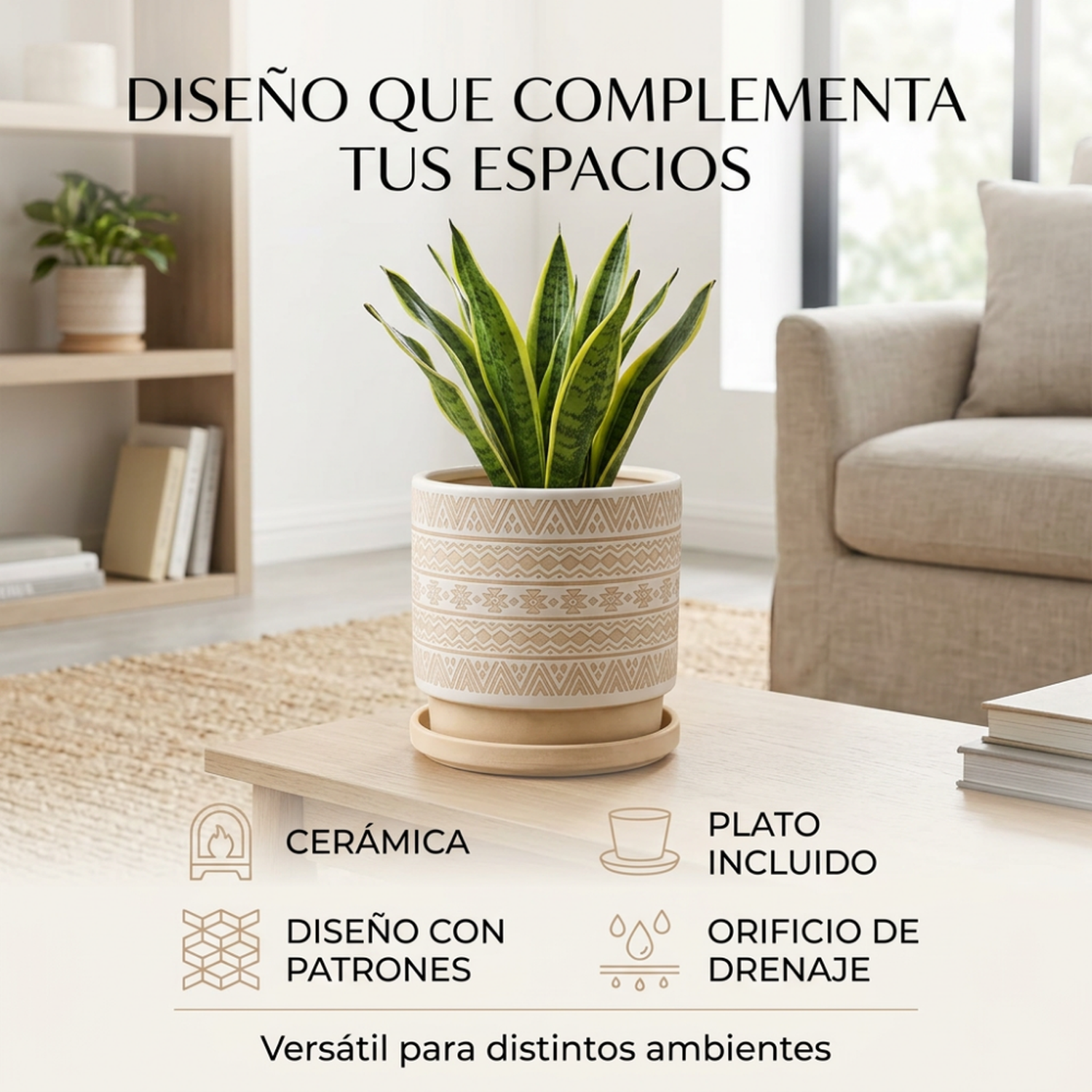 Macetero Maceta De Ceramica Beige Con Patrones Blancos M-2
