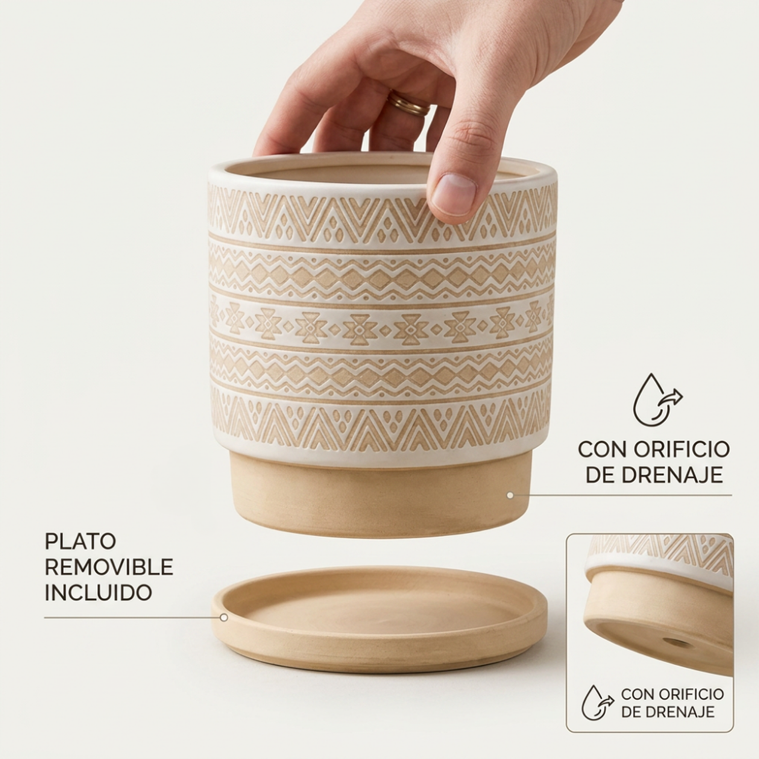 Macetero Maceta De Ceramica Beige Con Patrones Blancos M-3