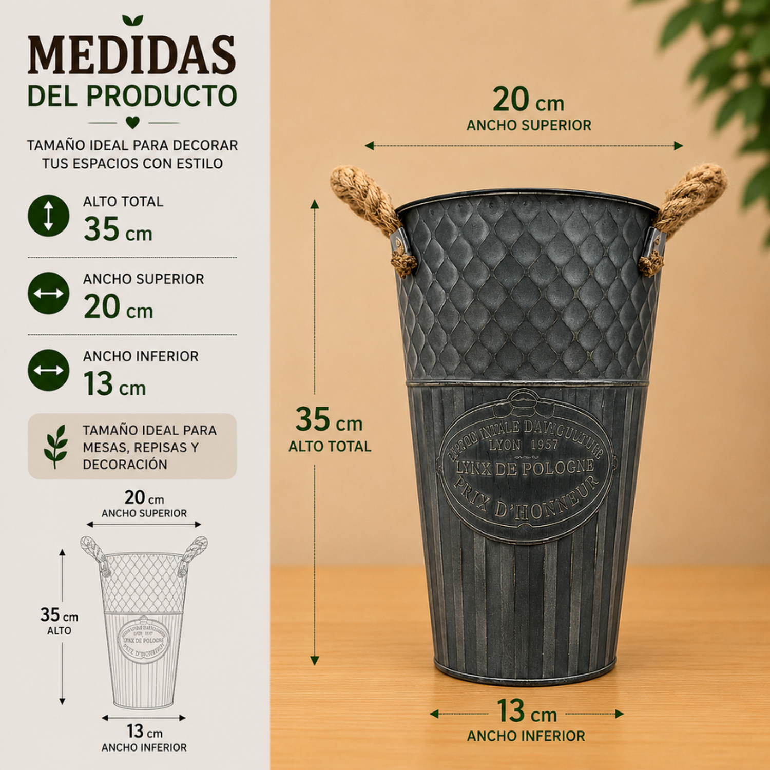 Macetero Metalico Decorativo Verde Vintage Florero M-3