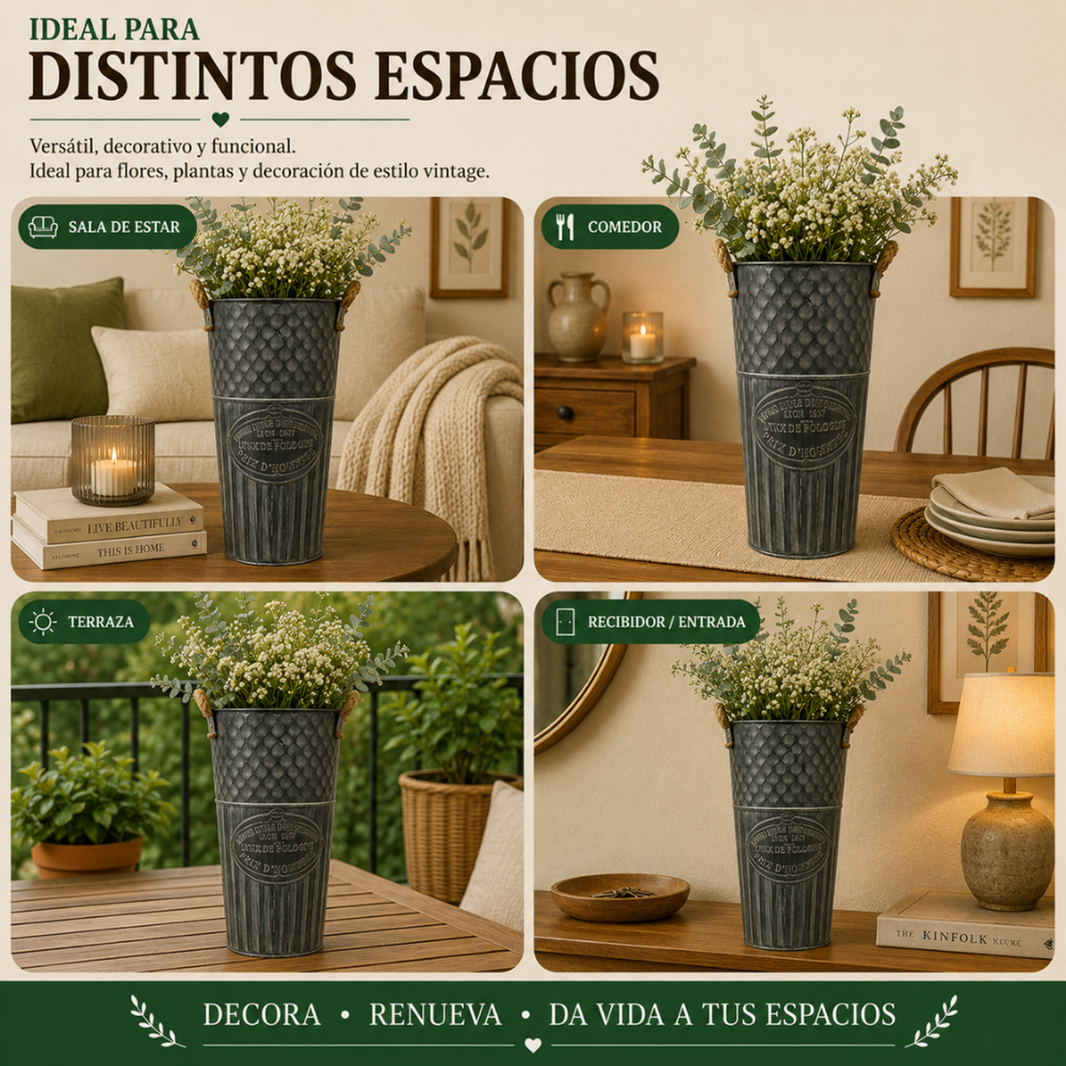 Macetero Metalico Decorativo Verde Vintage Florero M-4