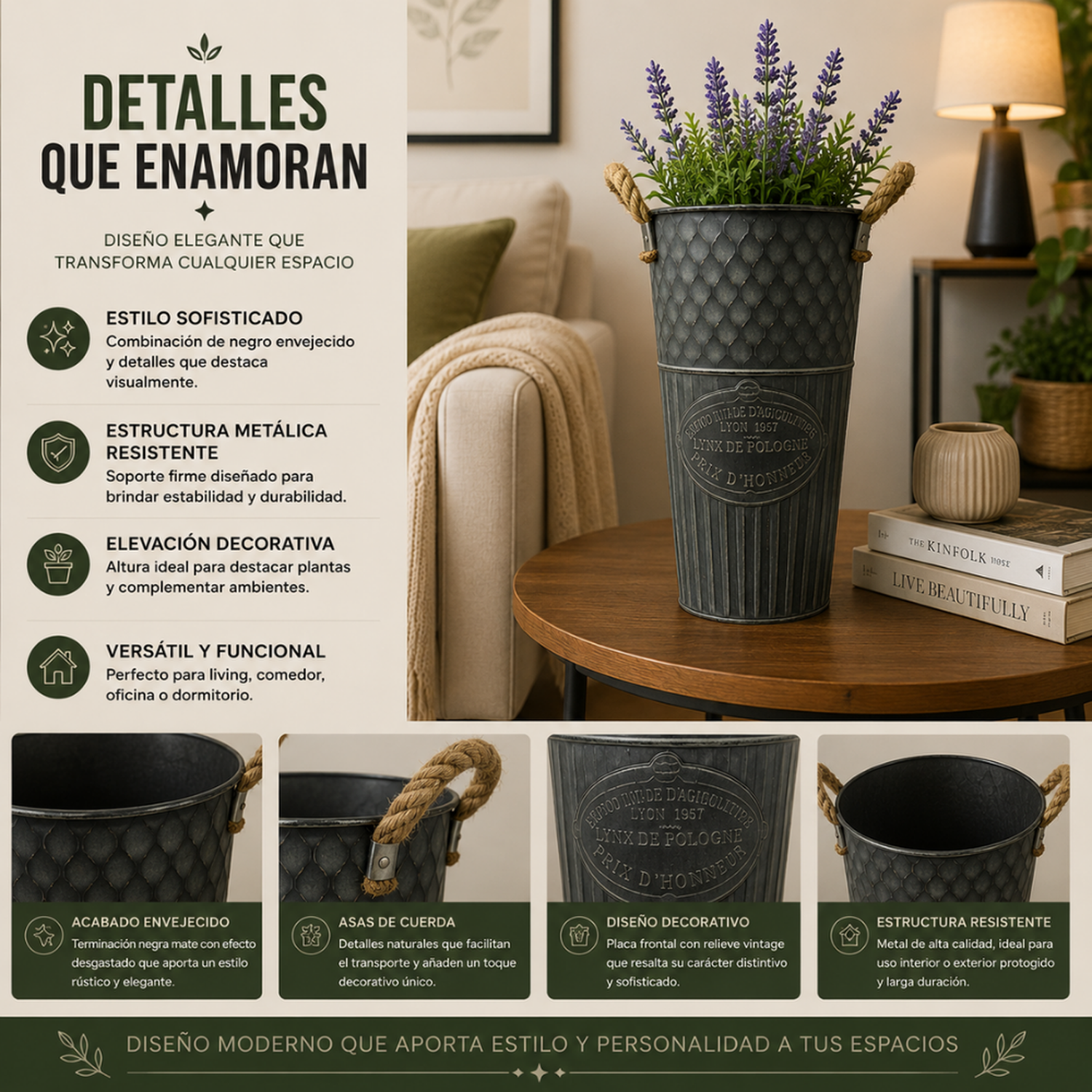 Macetero Metalico Decorativo Verde Vintage Florero M-5