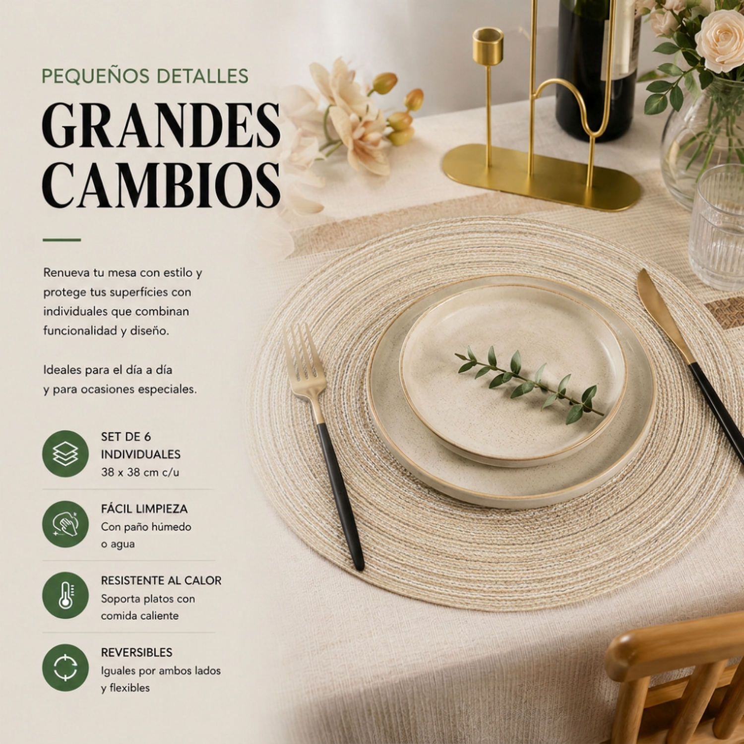 Set 6 Individuales Redondos De Mesa Beige Decorativos-4
