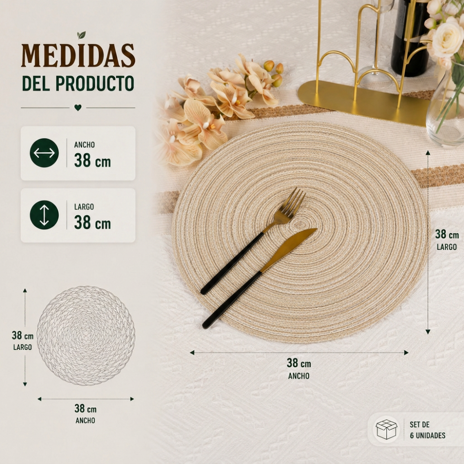 Set 6 Individuales Redondos De Mesa Beige Decorativos-6