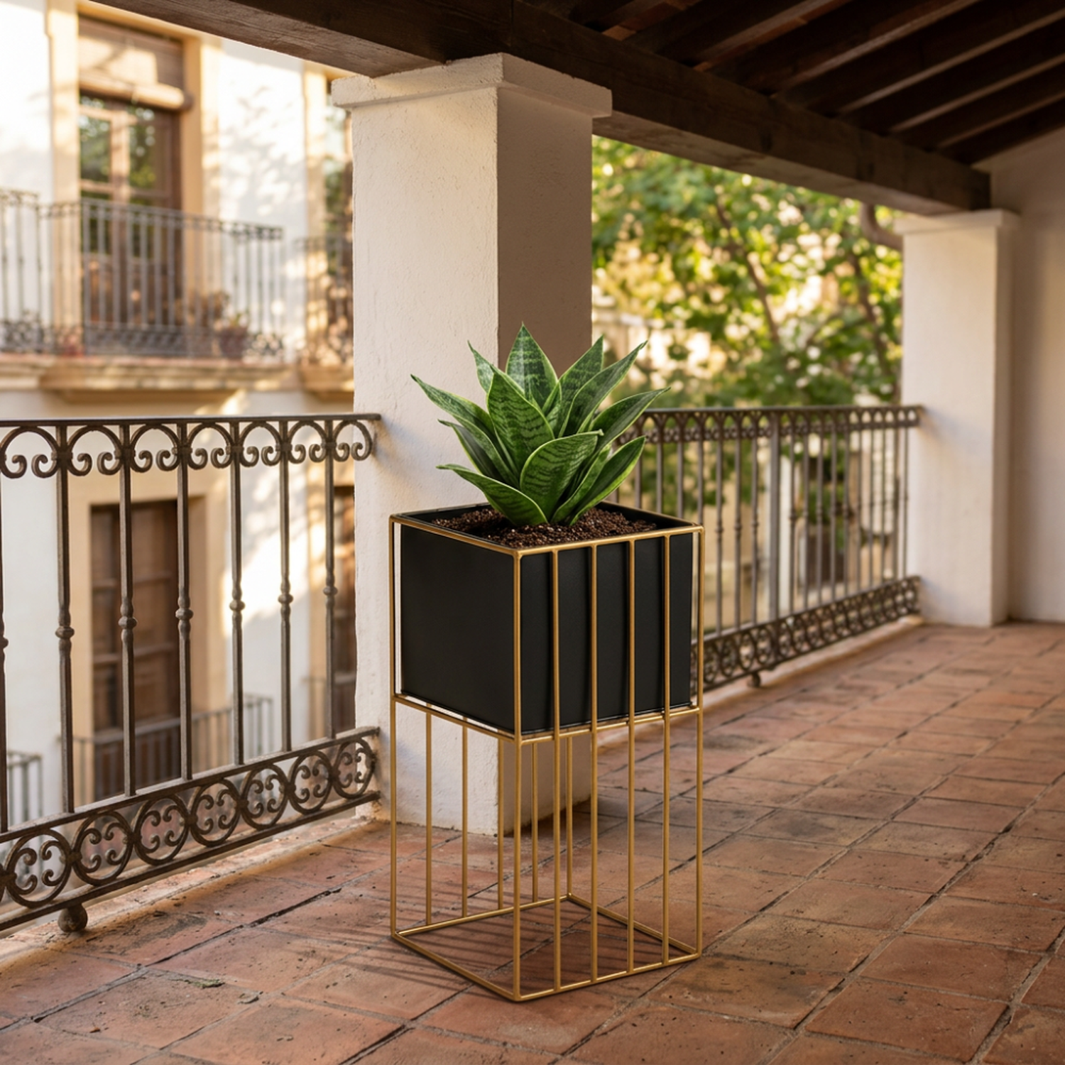 Porta Macetero Pedestal Maceta Plantas Negro Dorado Mediano-2