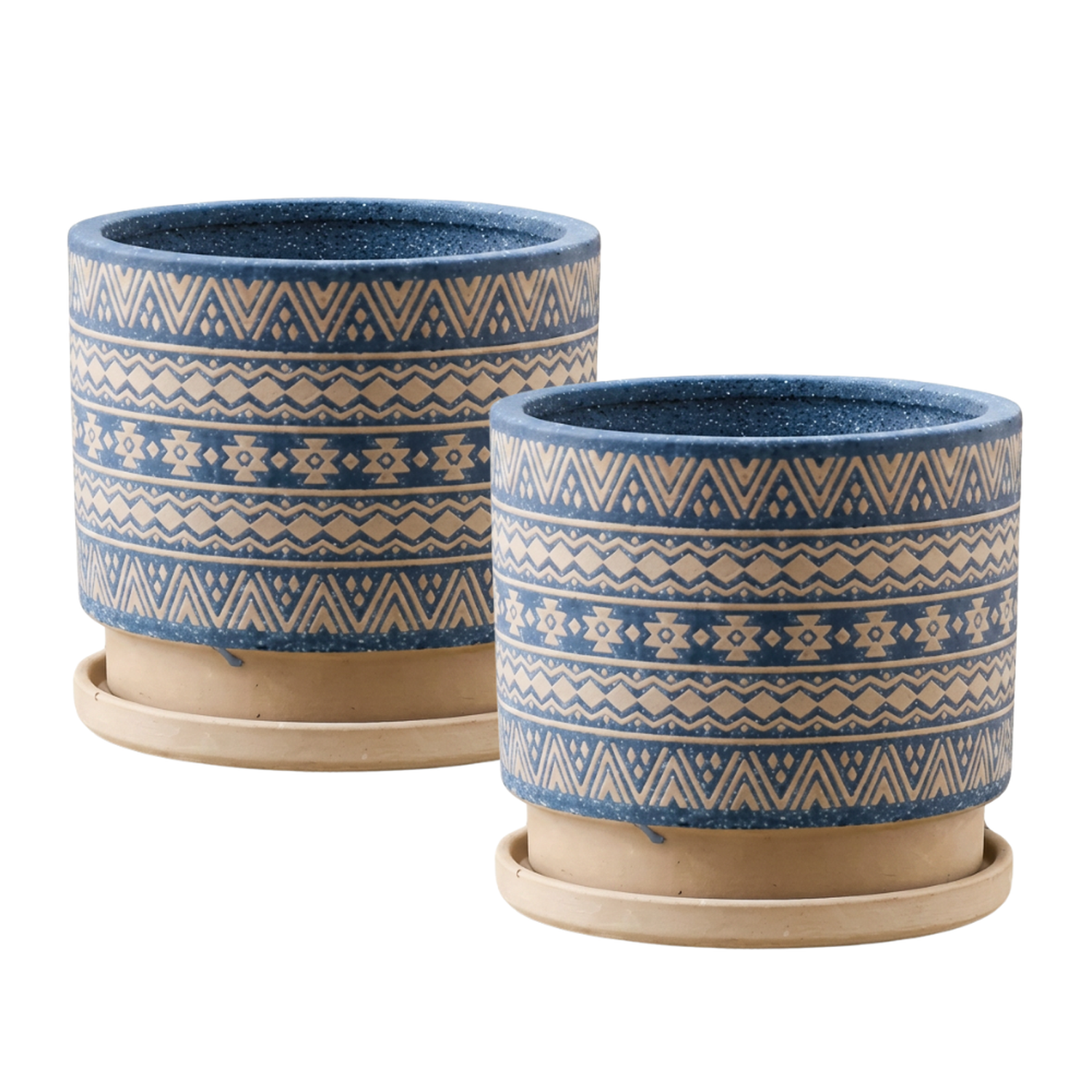 Macetero Maceta De Ceramica Azul Con Patrones Beige M-0