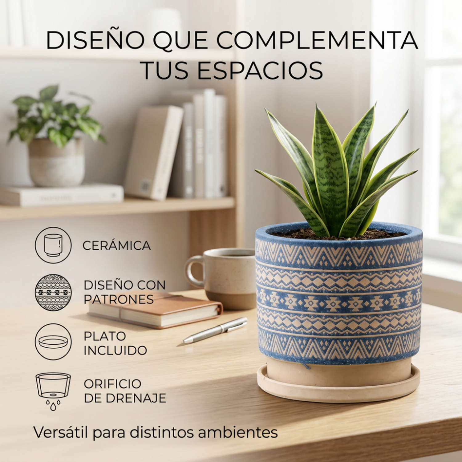 Macetero Maceta De Ceramica Azul Con Patrones Beige M-2