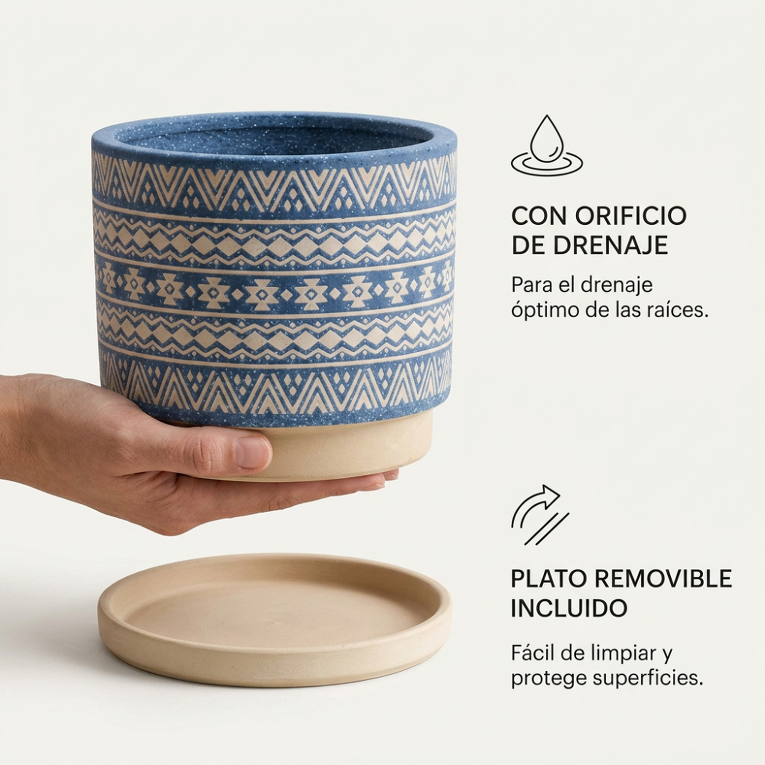 Macetero Maceta De Ceramica Azul Con Patrones Beige M-3