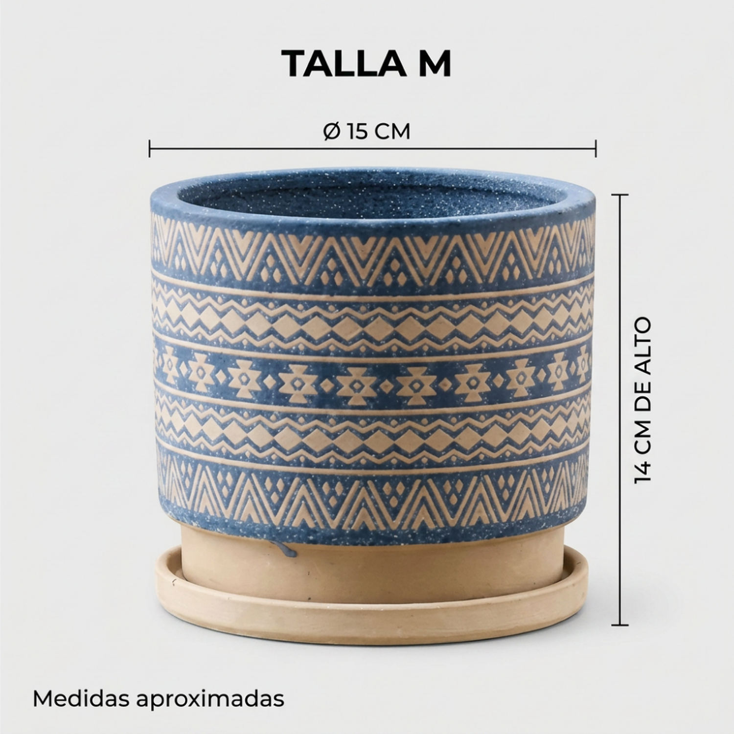 Macetero Maceta De Ceramica Azul Con Patrones Beige M-4
