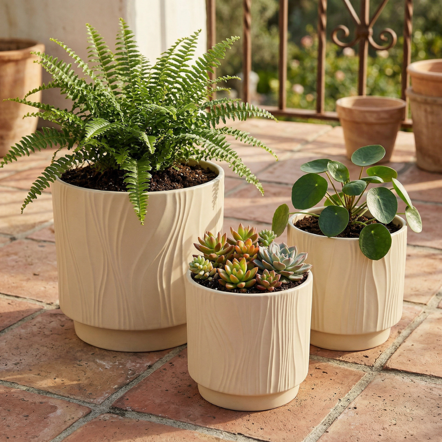 Set 3 Maceteros Maceta De Ceramica Amarillo Con Lineas-2