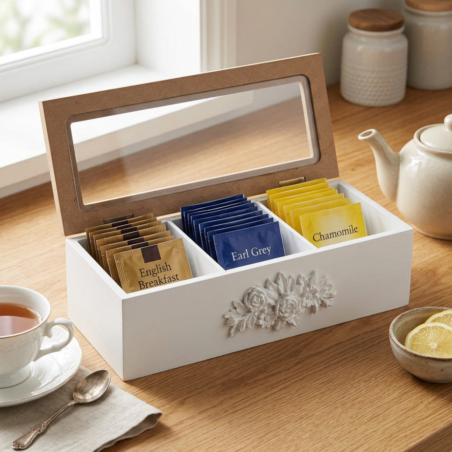 Caja De Te 3 Divisiones Tapa Con Diseño Decorativa Decohogar-3