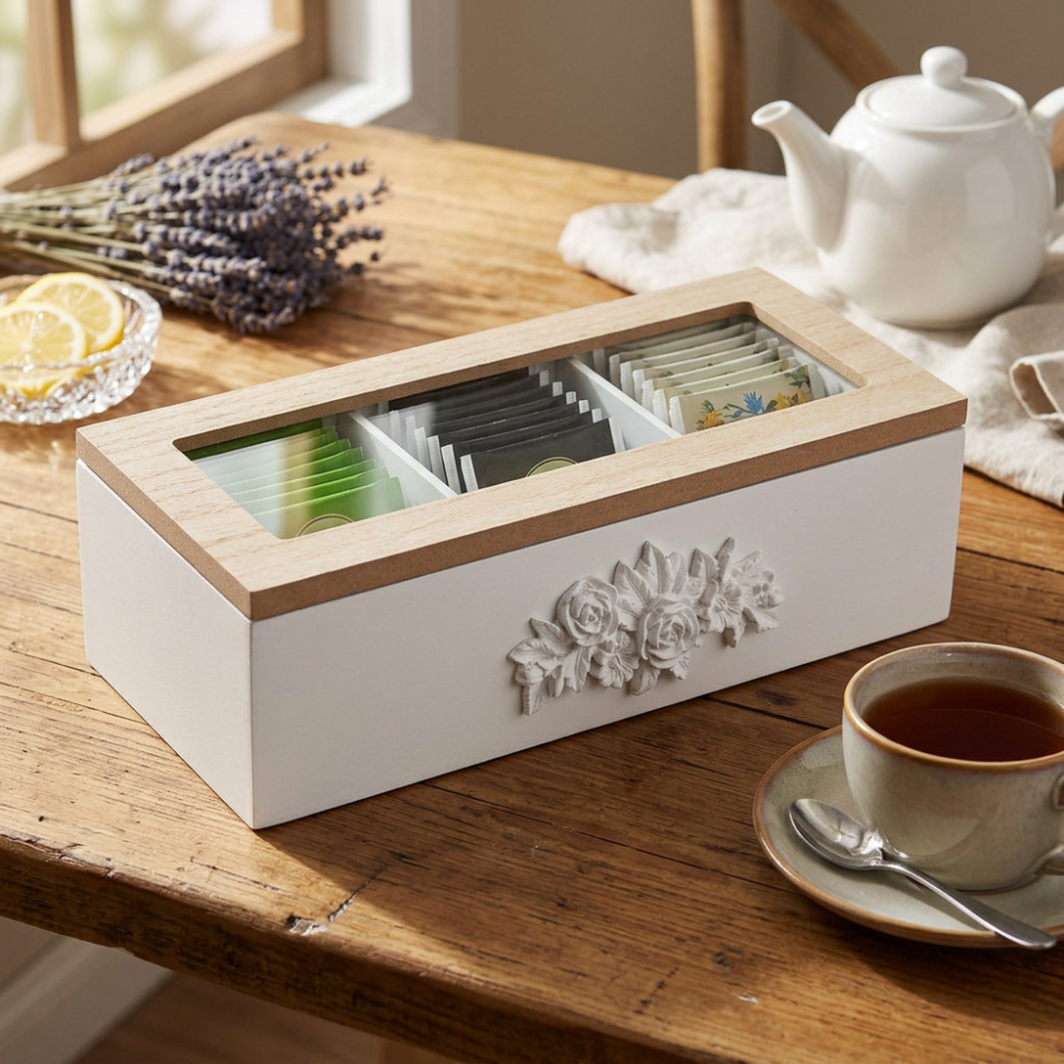 Caja De Te 3 Divisiones Tapa Con Diseño Decorativa Decohogar-4