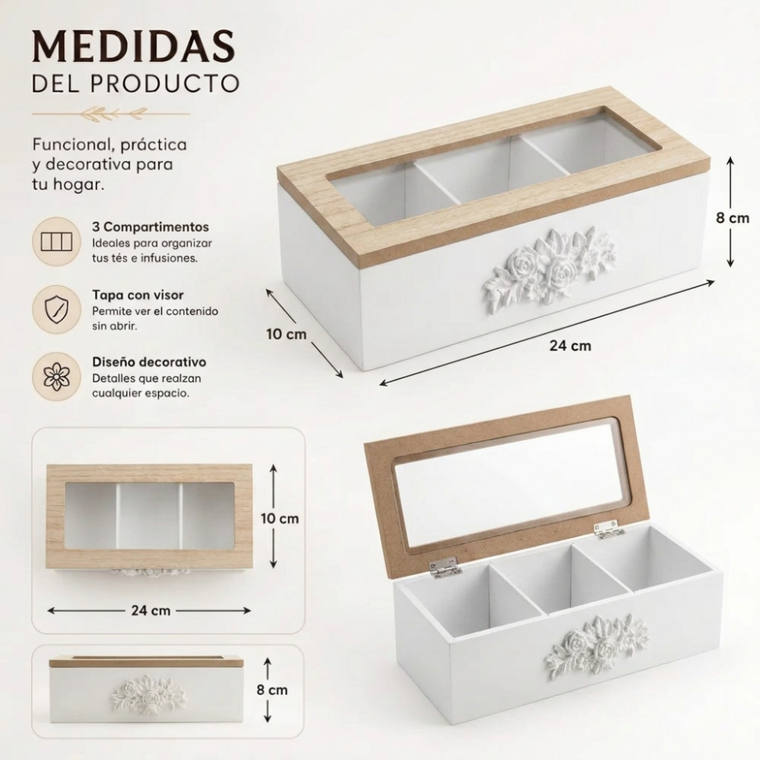 Caja De Te 3 Divisiones Tapa Con Diseño Decorativa Decohogar-5