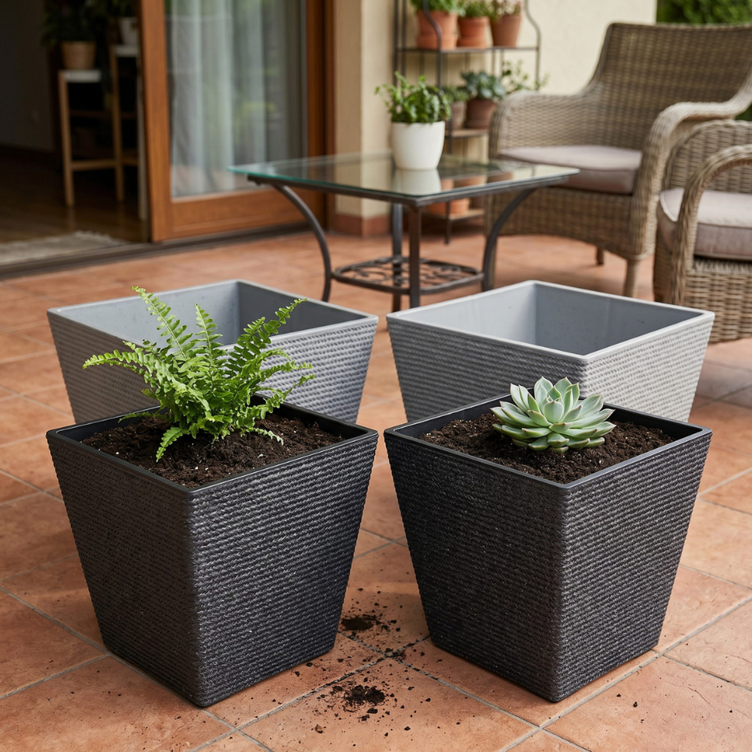 Set 2 Macetero Plastico Bajo Premium Base Cuadrada Conica M-2