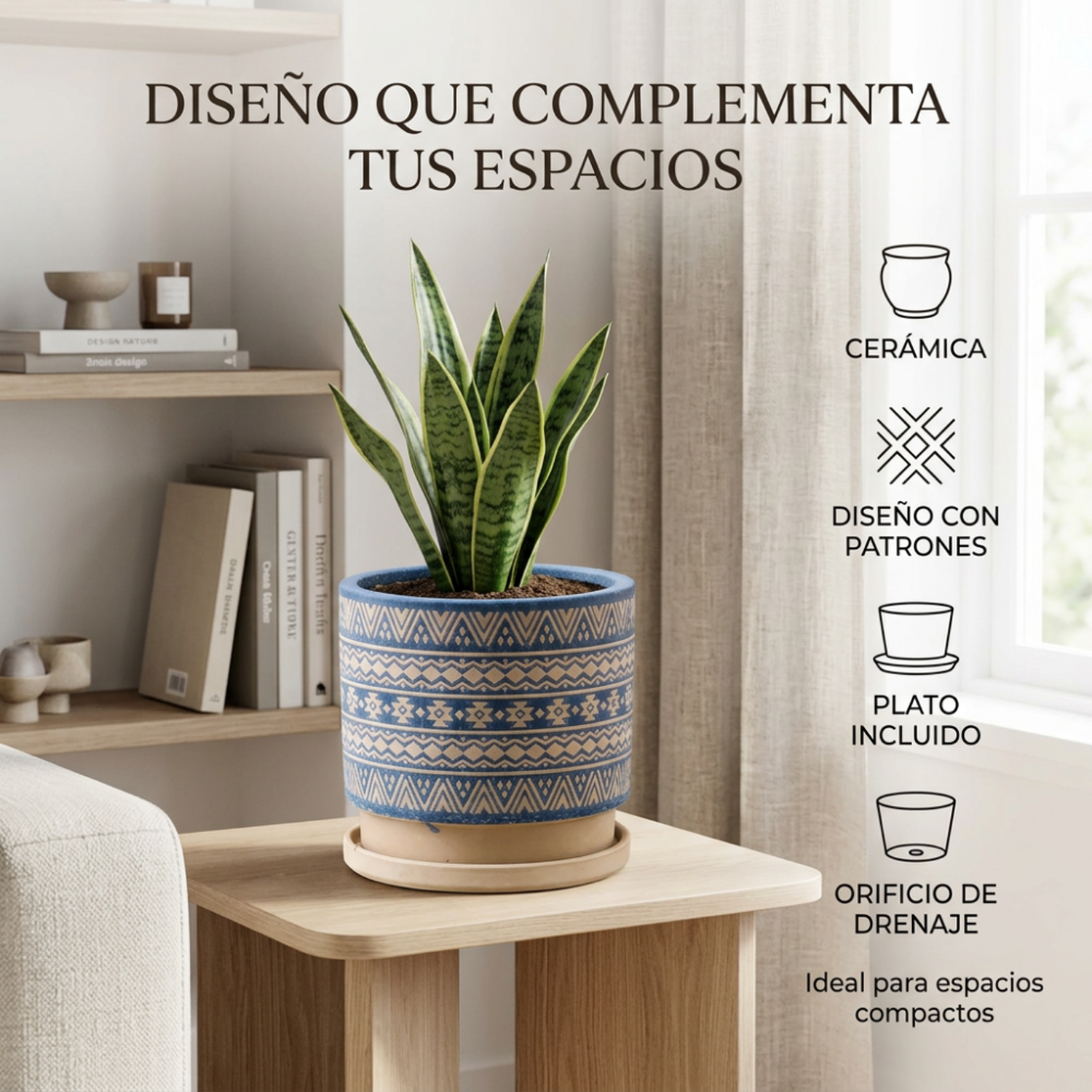 Macetero Maceta De Ceramica Azul Con Patrones Beige S-2