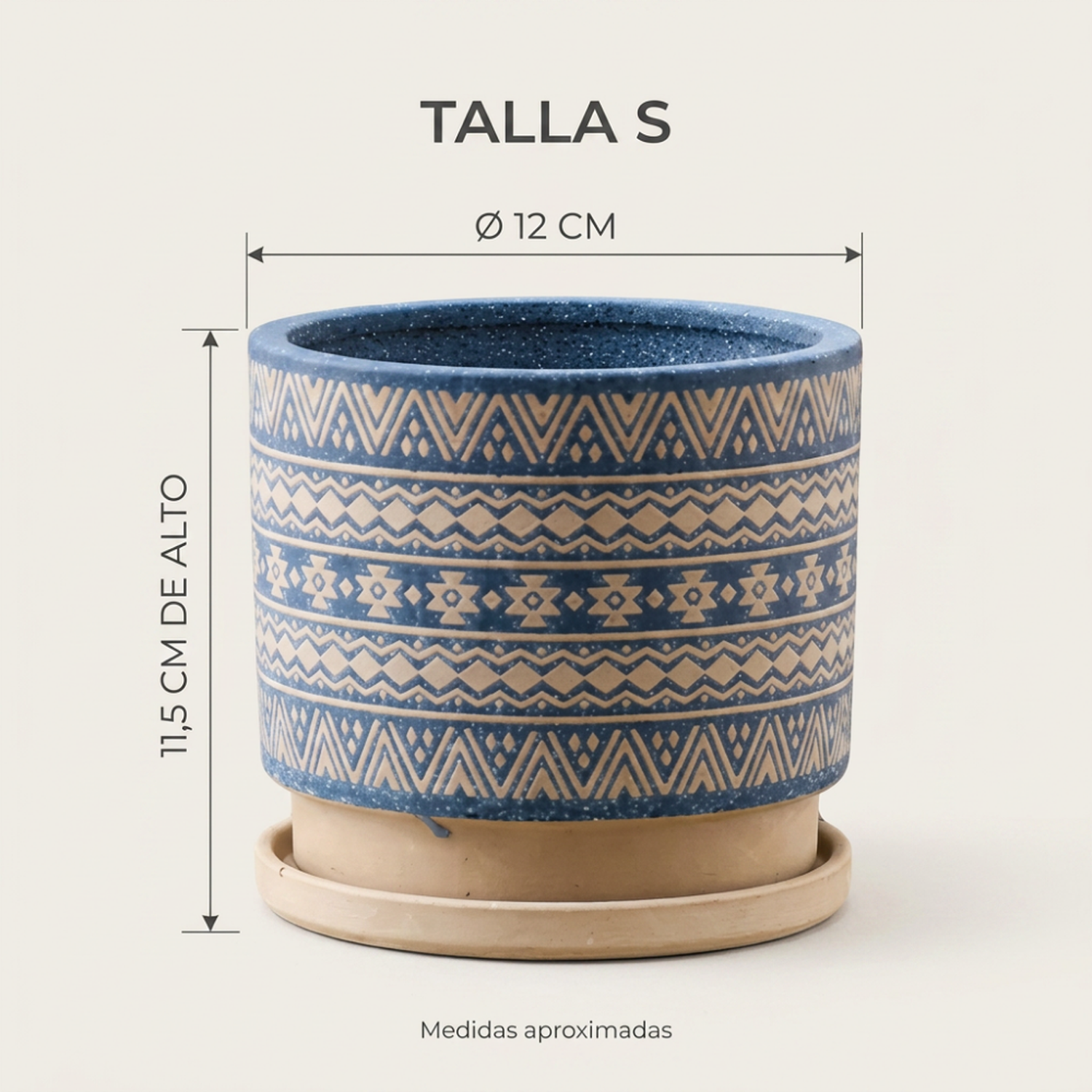 Macetero Maceta De Ceramica Azul Con Patrones Beige S-4