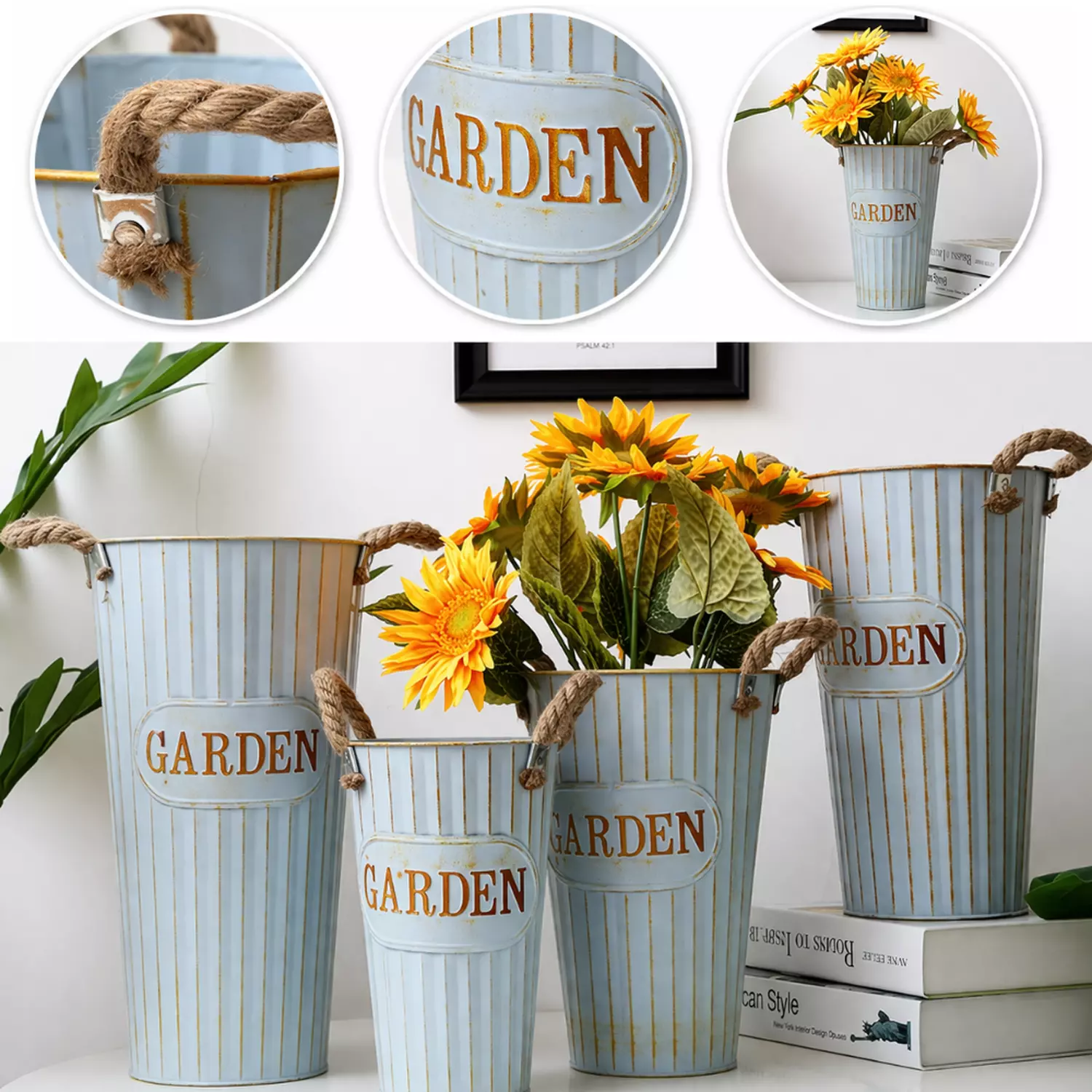 Macetero Metalico Decorativo Celeste Tipo Florero S-2