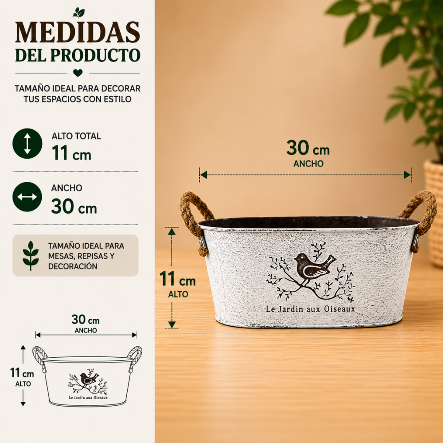 Set 2 Macetero Metalico Blanco Ovalado Decorativo Con Asas M-3