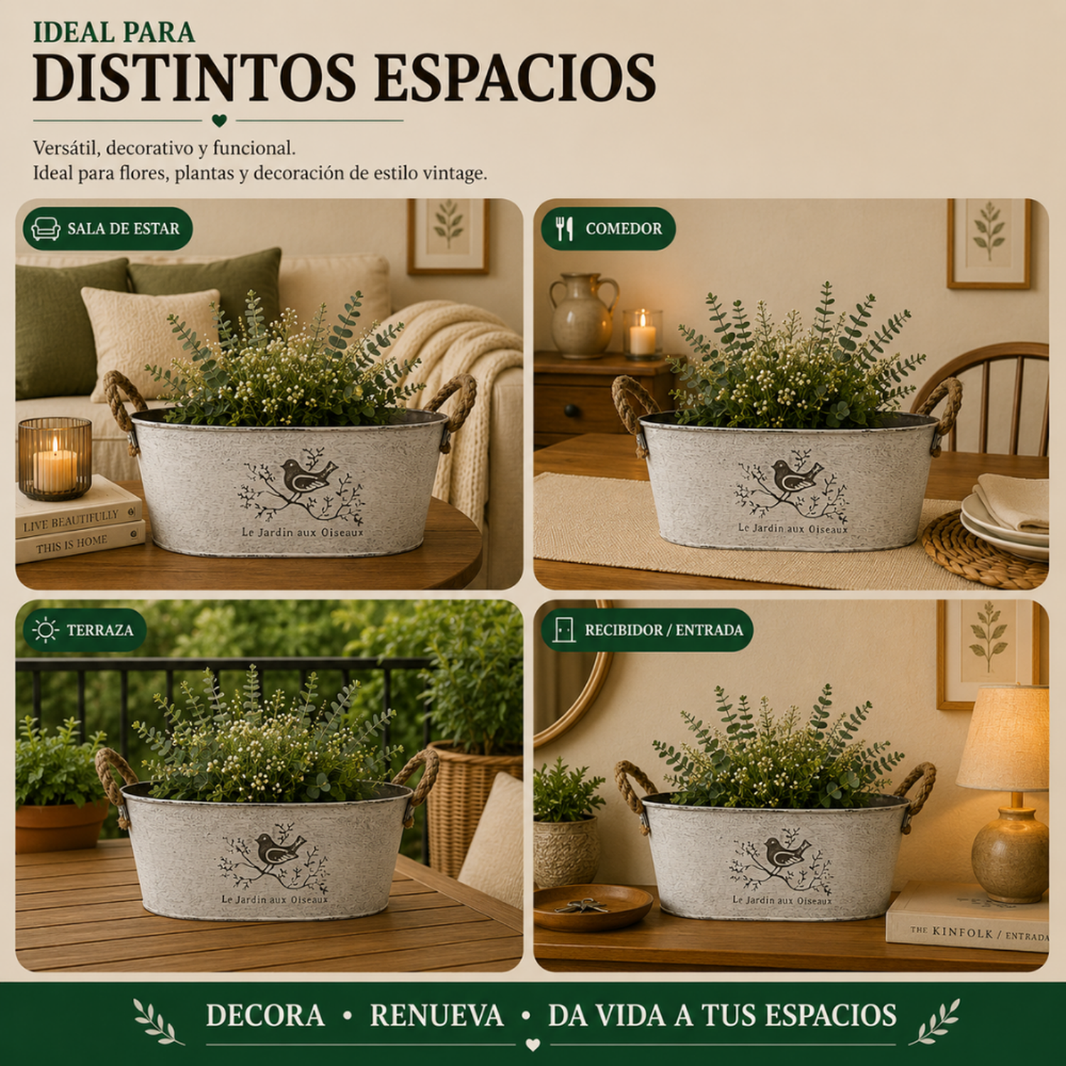 Set 2 Macetero Metalico Blanco Ovalado Decorativo Con Asas M-4