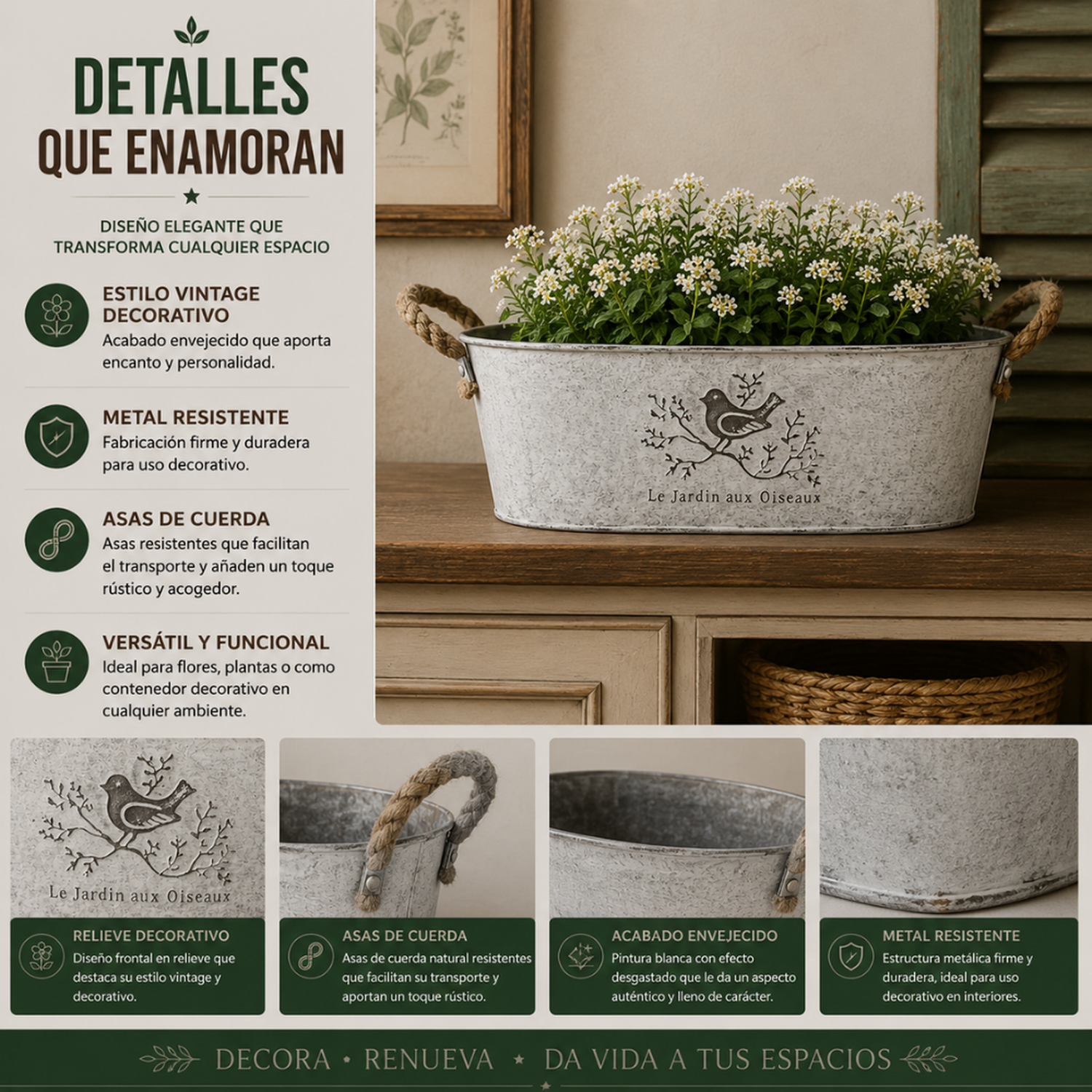 Set 2 Macetero Metalico Blanco Ovalado Decorativo Con Asas M-5