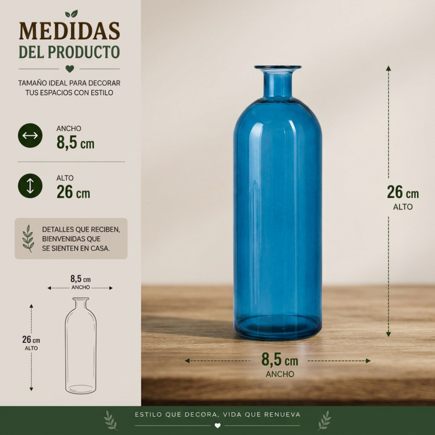 Florero Botella De Vidrio Decorativo Tonos Azules L-6