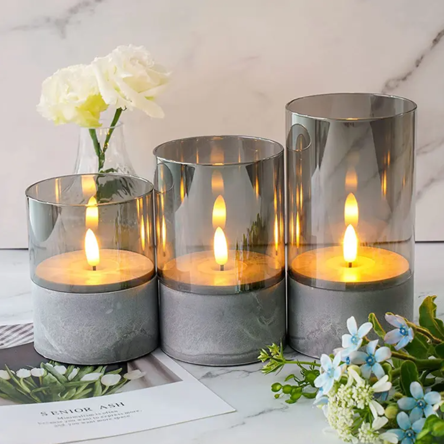 Vela Artificial De Cristal Con Efecto Llama Blanca Luz Led L-4
