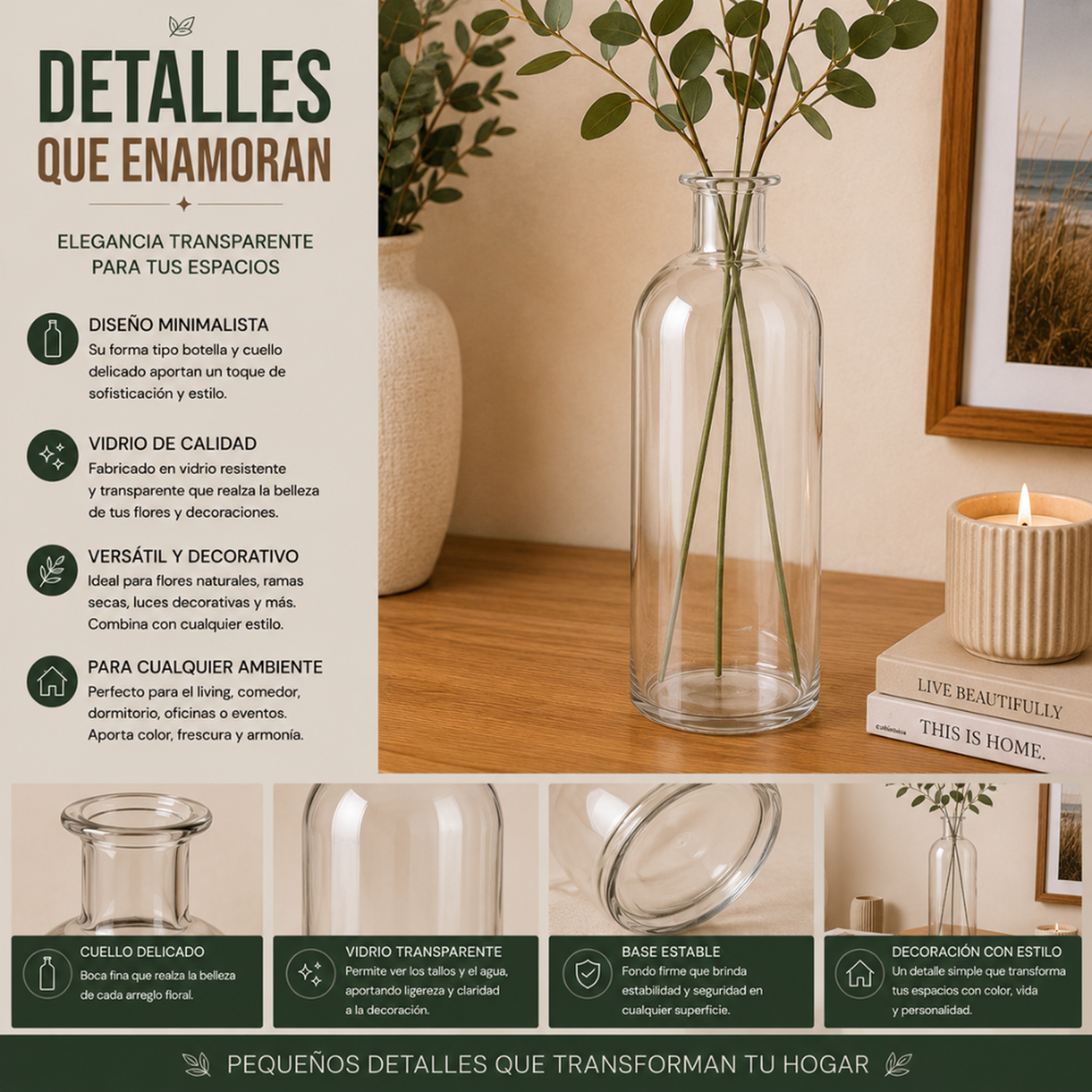 Set 2 Florero De Vidrio Tipo Botella Decorativo Moderno M-7