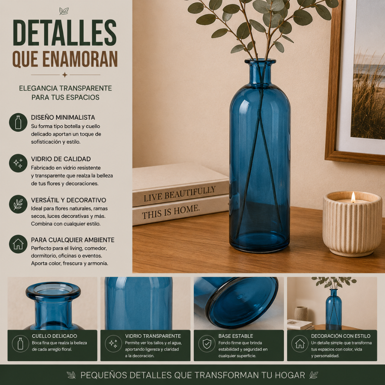Set 2 Florero De Vidrio Tipo Botella Decorativo Moderno M-6