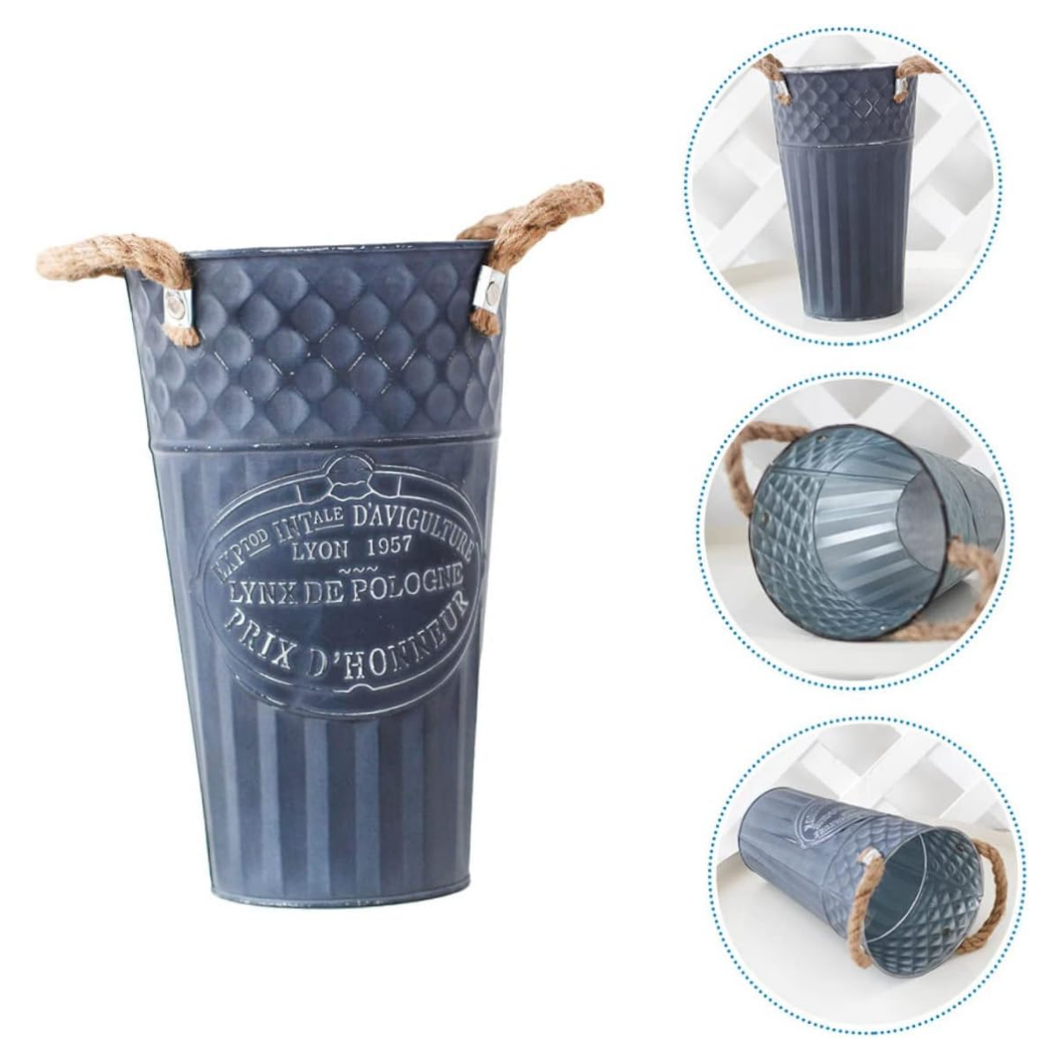 Macetero Balde Metalico Decorativo Vintage Desgastado Gris L-4