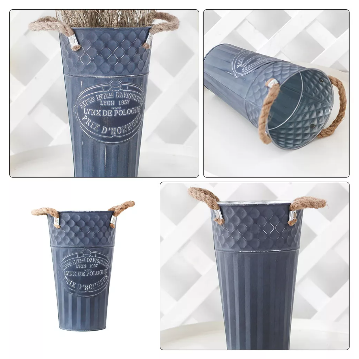 Macetero Balde Metalico Decorativo Vintage Desgastado Gris L-5