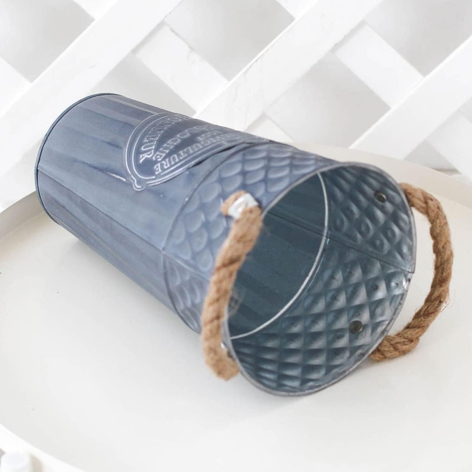 Macetero Balde Metalico Decorativo Vintage Desgastado Gris L-7