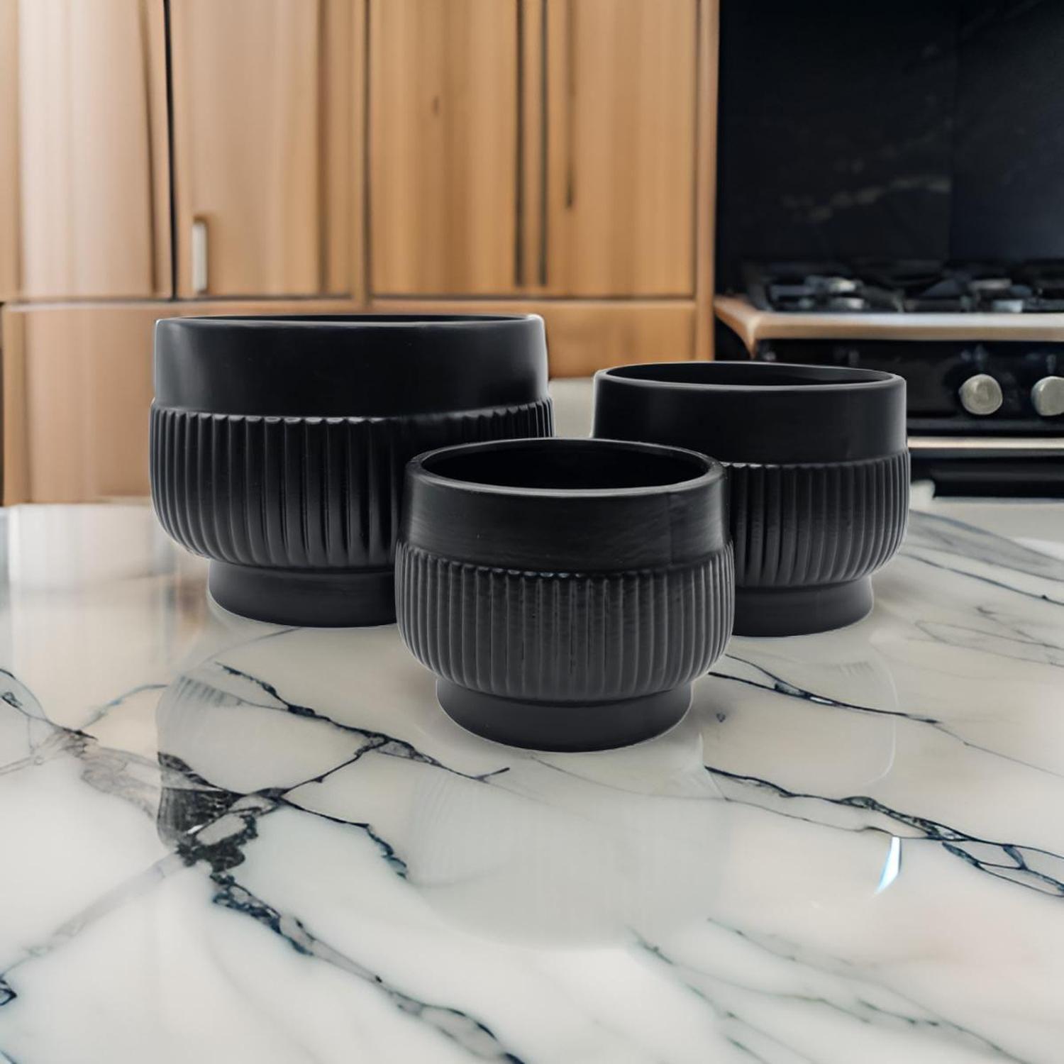 Set 3 Maceteros Maceta De Ceramica Lineas Relieve Negro-1