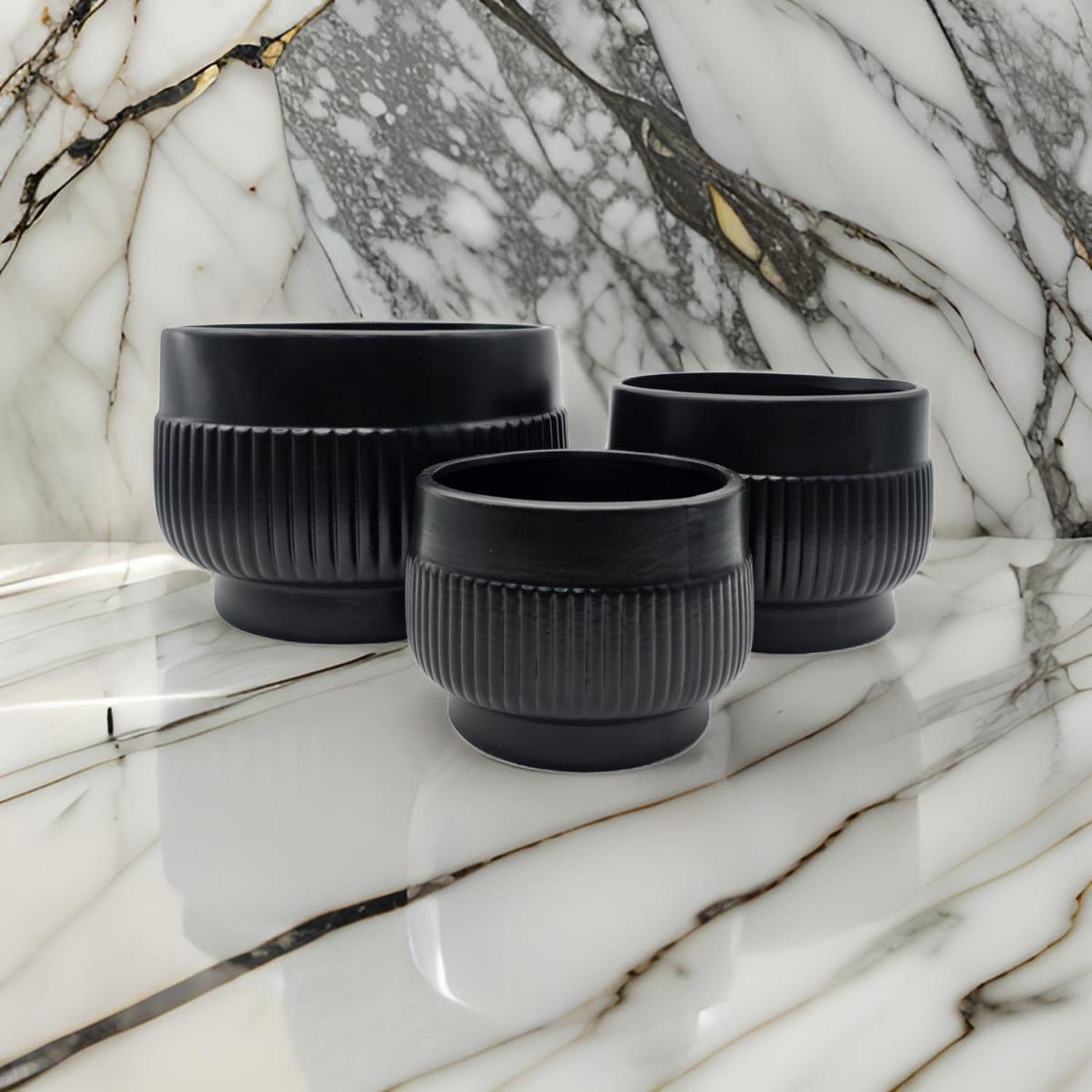 Set 3 Maceteros Maceta De Ceramica Lineas Relieve Negro-3