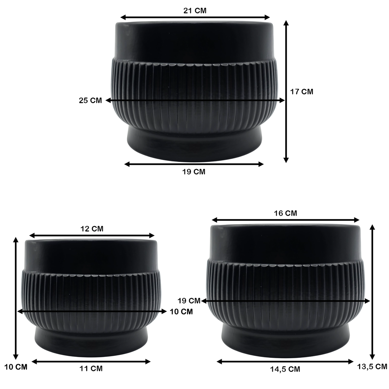Set 3 Maceteros Maceta De Ceramica Lineas Relieve Negro-7