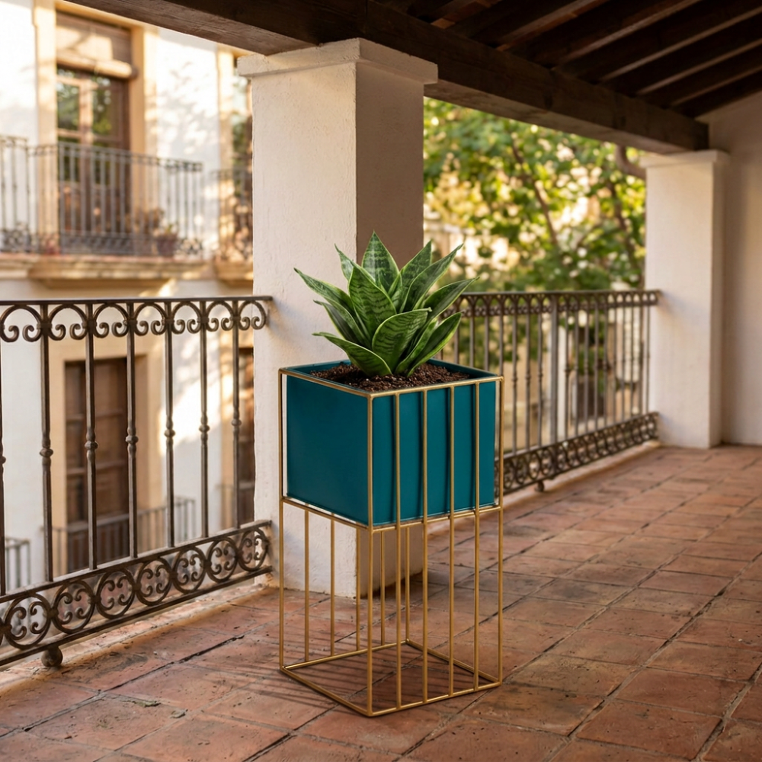 Porta Macetero Pedestal Maceta Plantas Verde Dorado Mediano-2