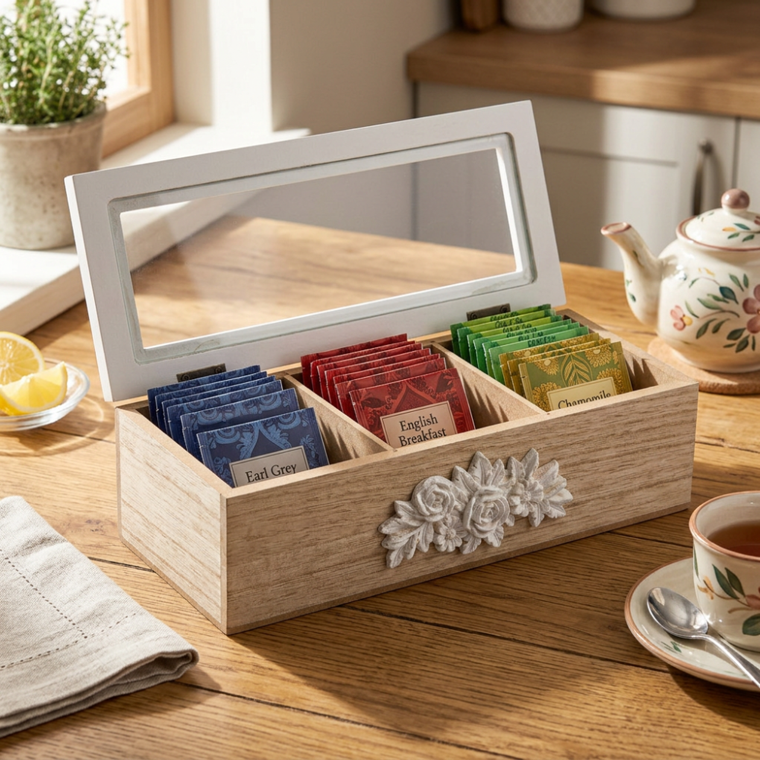 Caja De Te Porta Te Caja De Madera Para Te Gris 3 Divisiones-3