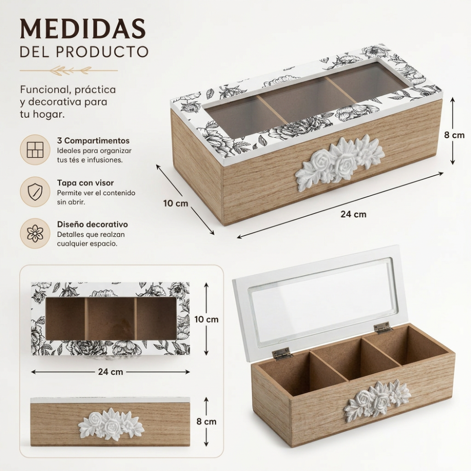 Caja De Te Porta Te Caja De Madera Para Te Gris 3 Divisiones-5