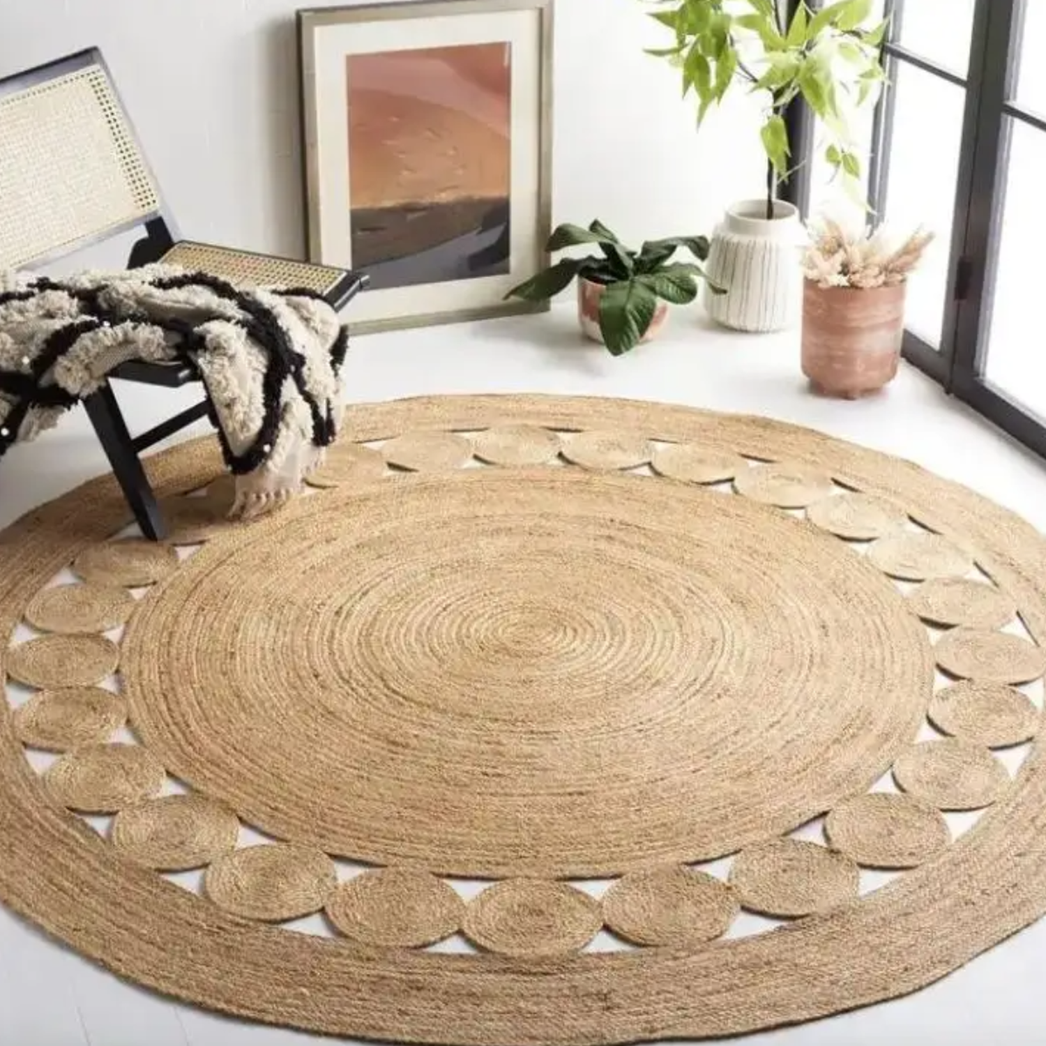 Alfombra Redonda De Yute Borde De Circulos y Franja Natural-3