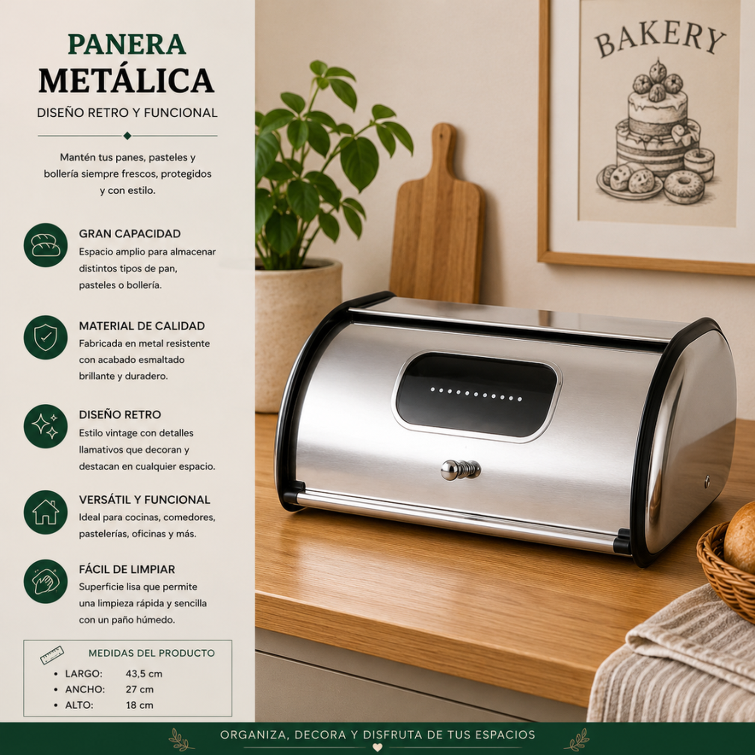 Panera Metálica Vintage Retro Acero Inoxidable Brillante-3