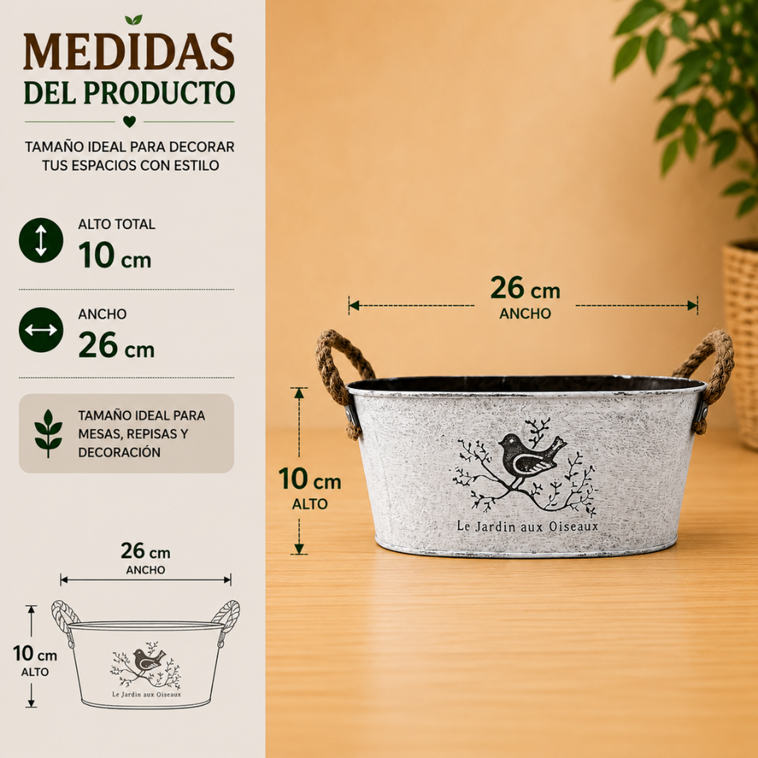 Set 2 Macetero Metalico Blanco Ovalado Decorativo Con Asas S-4