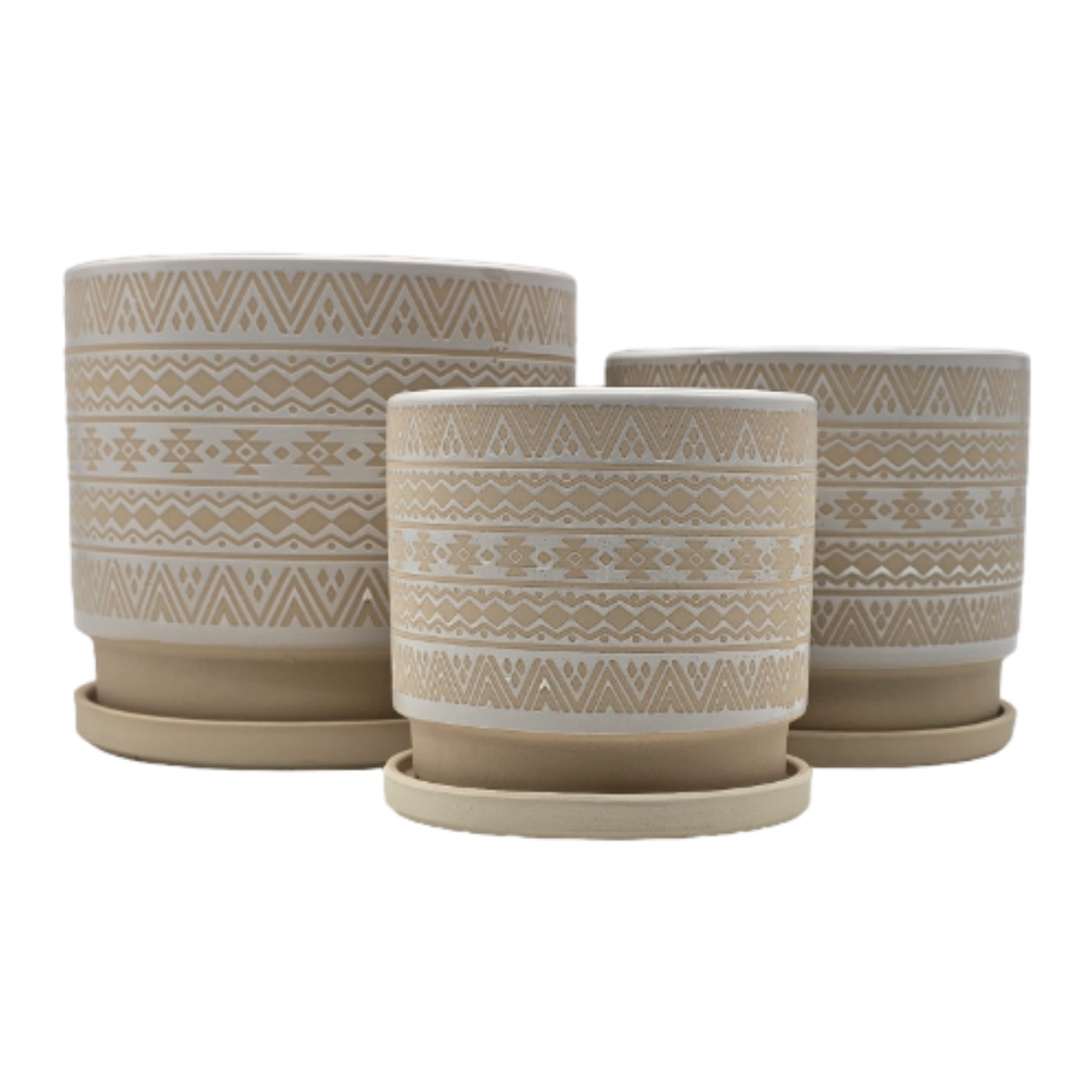 Set 3 Maceteros Maceta De Ceramica Beige Con Patrones Blanco-0