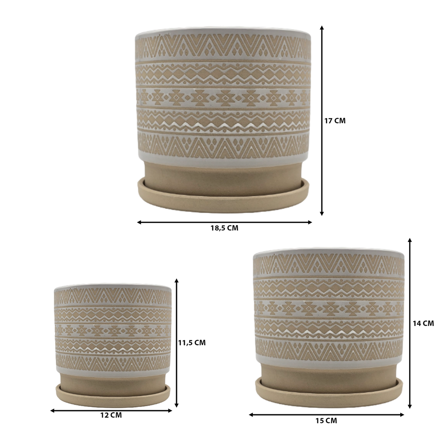 Set 3 Maceteros Maceta De Ceramica Beige Con Patrones Blanco-7