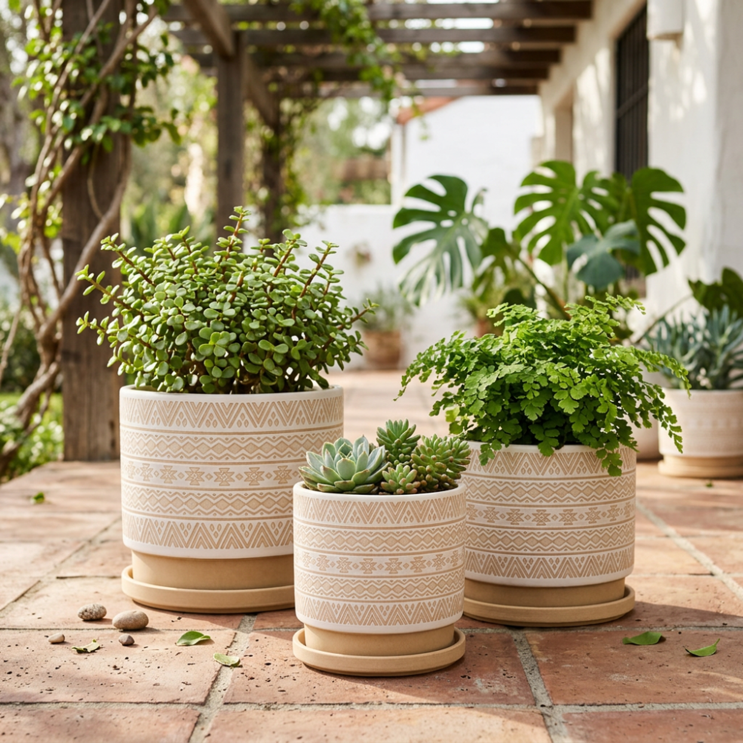 Set 3 Maceteros Maceta De Ceramica Beige Con Patrones Blanco-2
