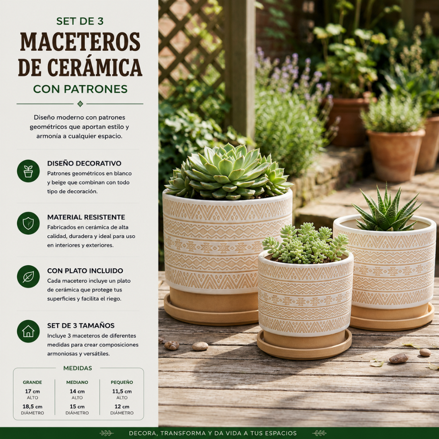 Set 3 Maceteros Maceta De Ceramica Beige Con Patrones Blanco-3