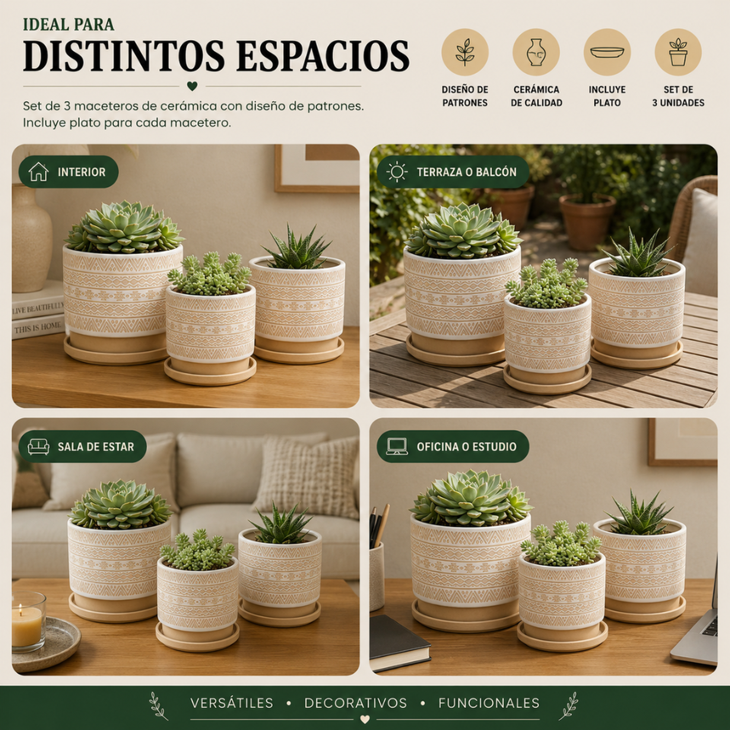 Set 3 Maceteros Maceta De Ceramica Beige Con Patrones Blanco-5