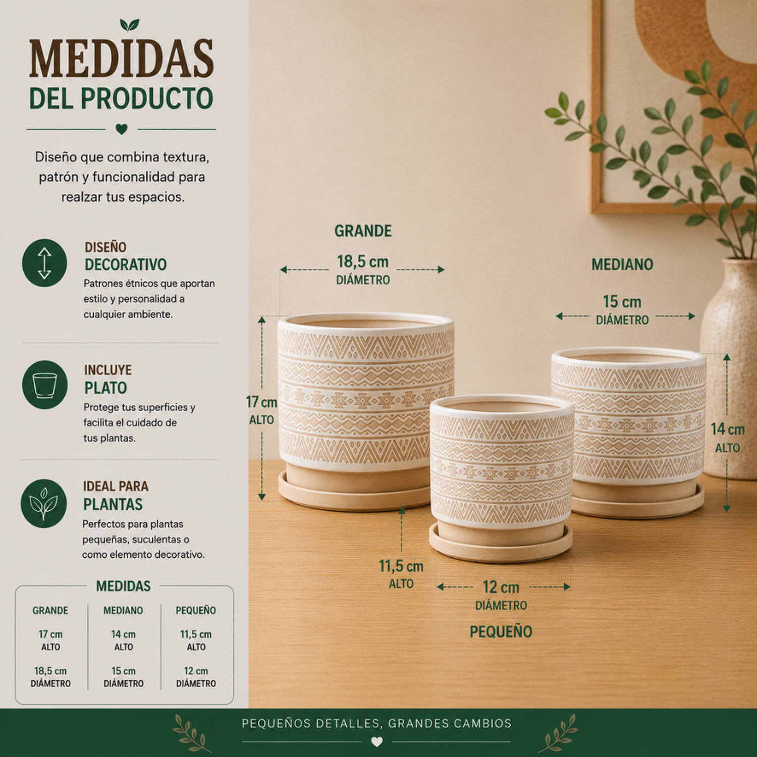 Set 3 Maceteros Maceta De Ceramica Beige Con Patrones Blanco-6