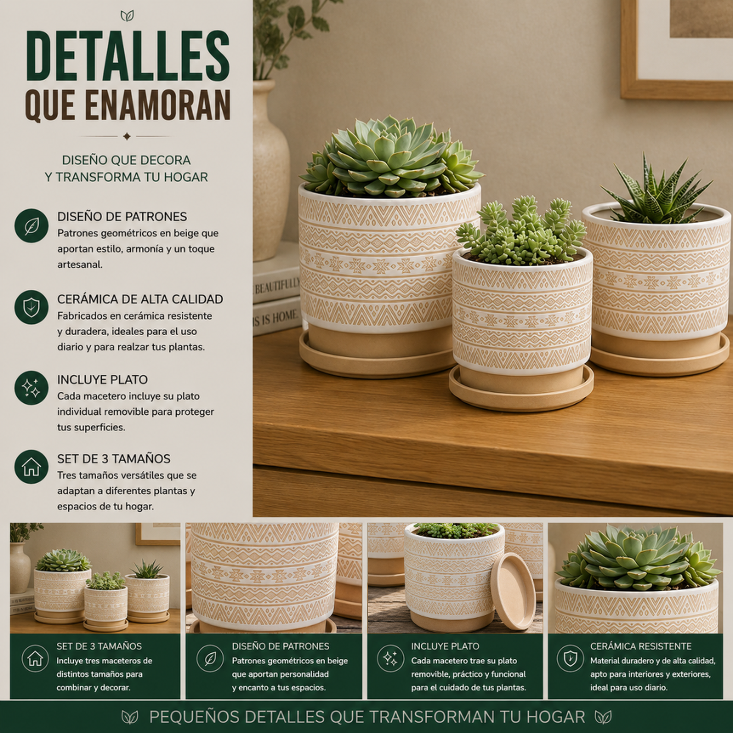 Set 3 Maceteros Maceta De Ceramica Beige Con Patrones Blanco-7