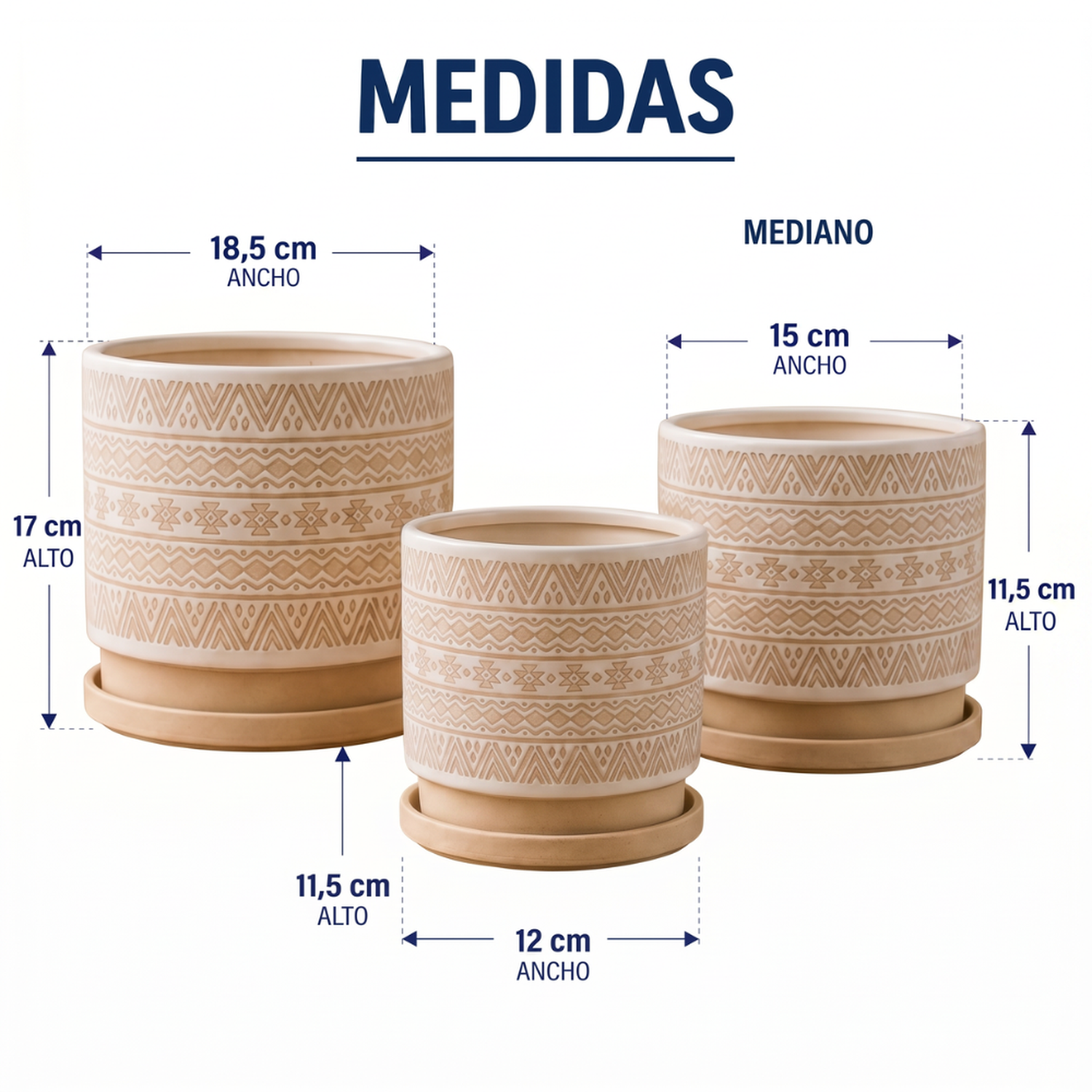 Set 3 Maceteros Maceta De Ceramica Beige Con Patrones Blanco-8