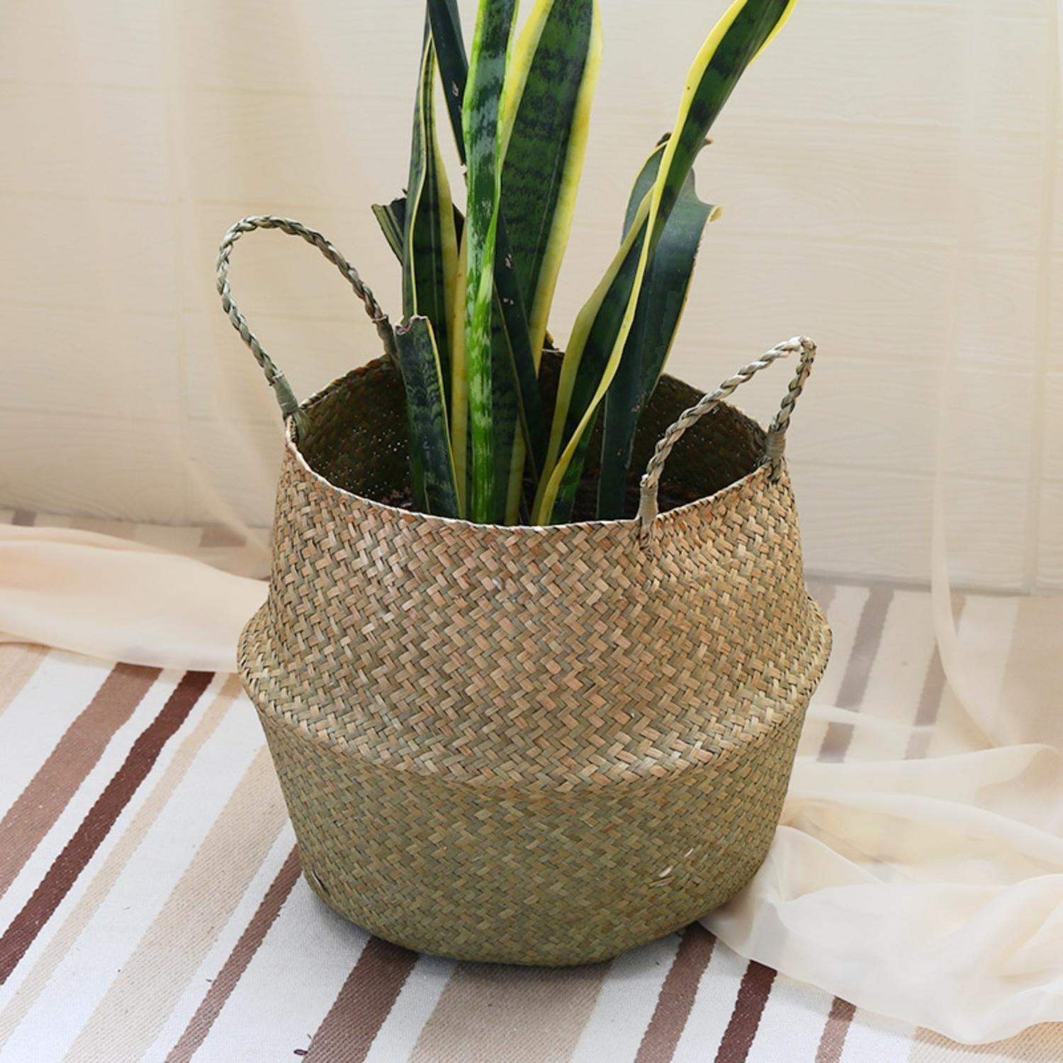 Macetero Cesto Maceta De Mimbre Tejida Plegable Con Asas-4